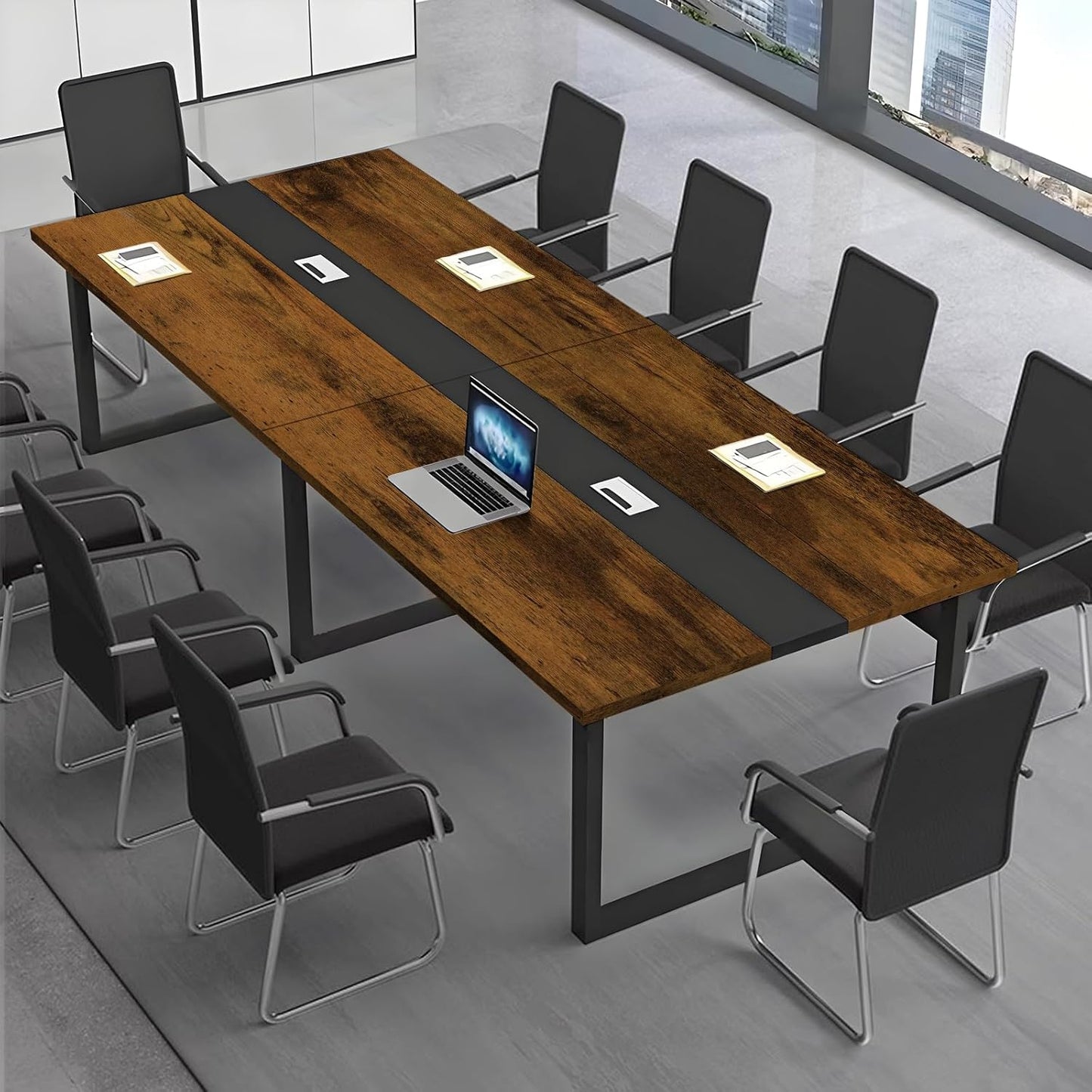 Large Conference Table, Modern Meeting Table with Cable Channel and Black Metal Frame for 8-12 People, Rectangular Seminar Table for Office, Conference Room