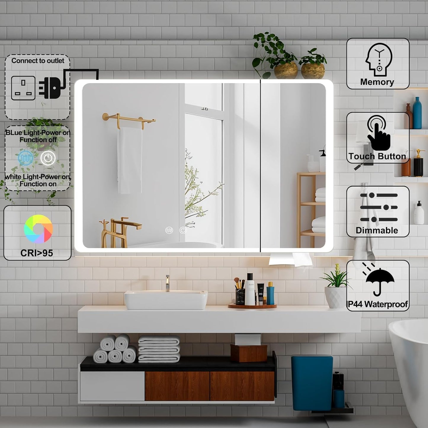 Aovquof Mirror Cabinet with Lighting - 90 x 60 cm Bathroom Mirror Cabinet with Storage Space, Bathroom Mirror Cabinet with Adjustable Dimmable LED Lights with Demist Function, Modern Cream Colour