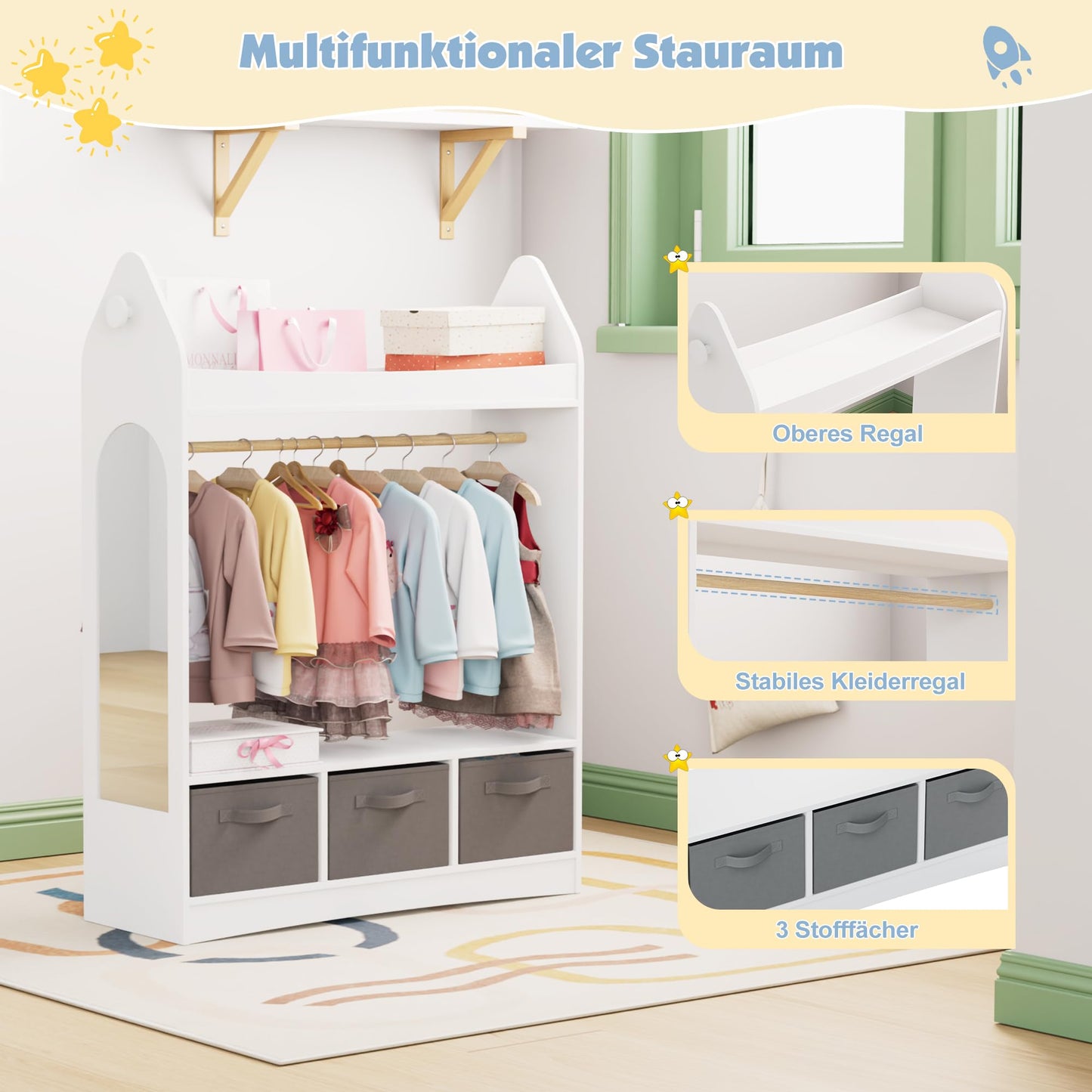 Children's Clothes Rack with Mirror, Clothes Rail with Shelves, Children's Wardrobe Wood, Children's Shelf for Children's Room, 81 x 28 x 106.5 cm (Clouds with 2 Drawers, White)