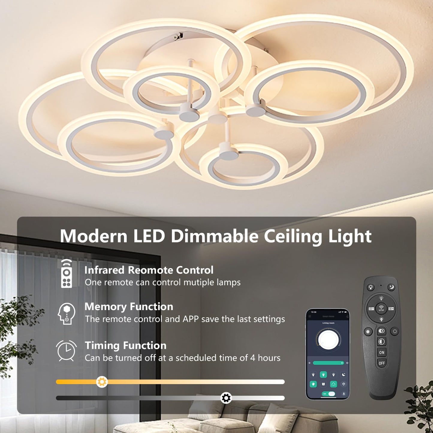 SUCIKORIO LED Deckenleuchte Dimmbar mit Fernbedienung, Modern LED Deckenlampe Rund Wohnzimmer 54W Wohnzimmerlampe 2700K-6500K Schlafzimmerlampe Decke mit APP für Schlafzimmer, Küche, Badezimmer, Flur