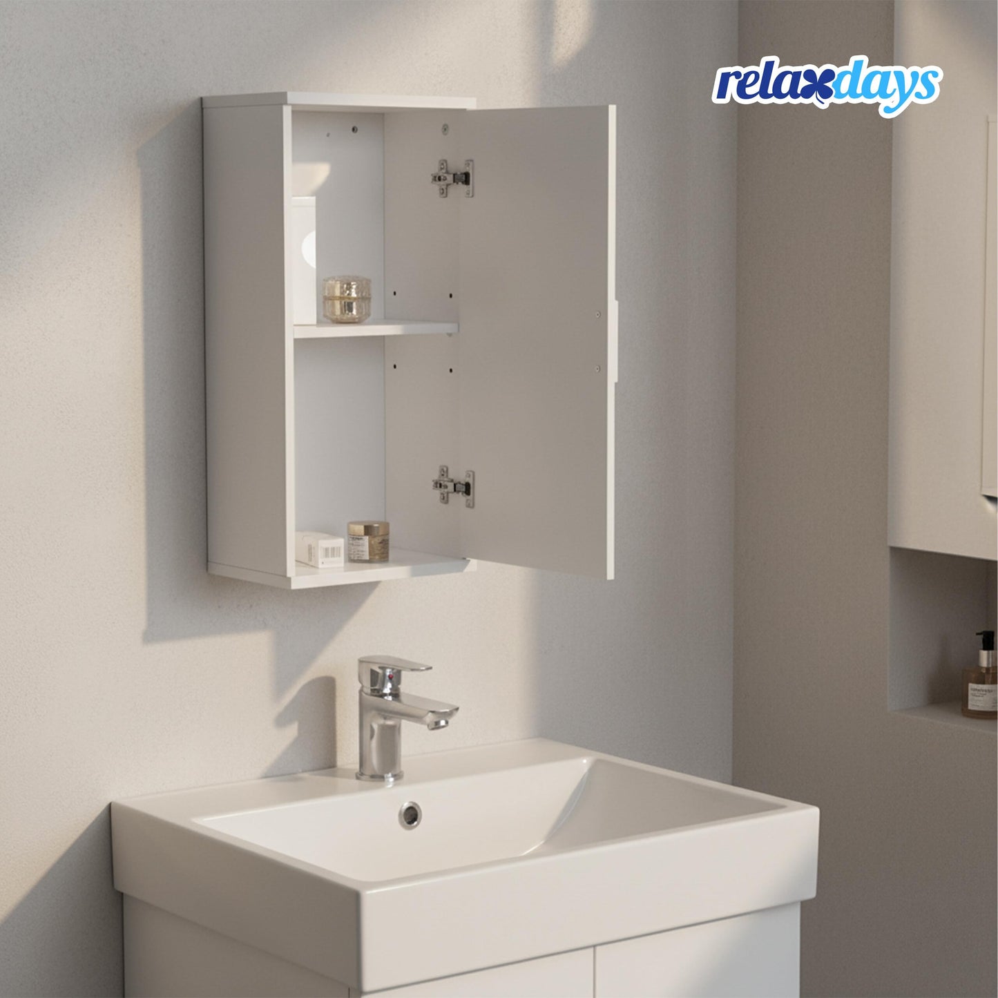 Relaxdays Bathroom Wall Cupboard, 2 Compartments, H x W x D: 62 x 30 x 21 cm, Adjustable Shelf, Narrow Bathroom Cabinet, MDF, White
