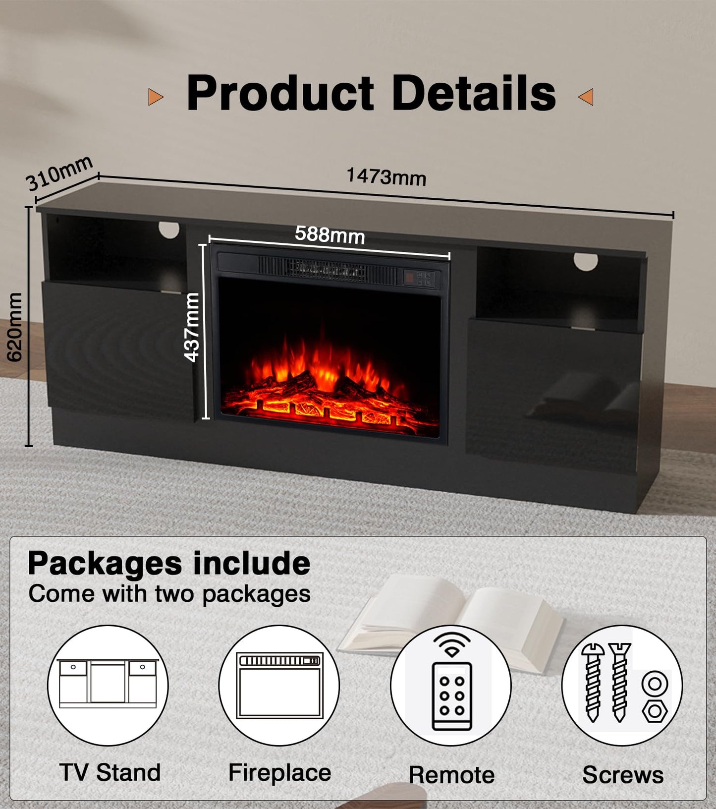 M.C.Haus Electric Fireplace with TV Stand, 58.8 cm Fireplace, for up to 143.9 x 80 cm TV, Modern Wooden Structure Entertainment Centre with LED Light, Highlight Cabinet and Glass Front, 147.3 cm,