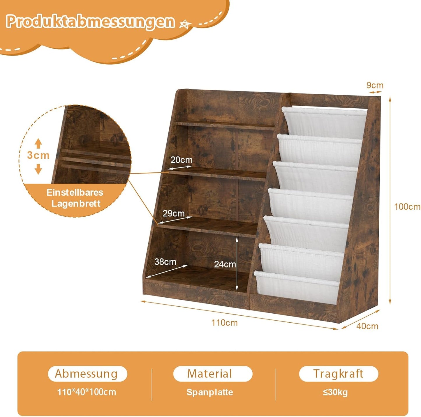 Children's Shelf, White with 5 Shelves and 4 Open Compartments, Bookcase for Children, Toy Organiser, 90 x 40 x 80 cm