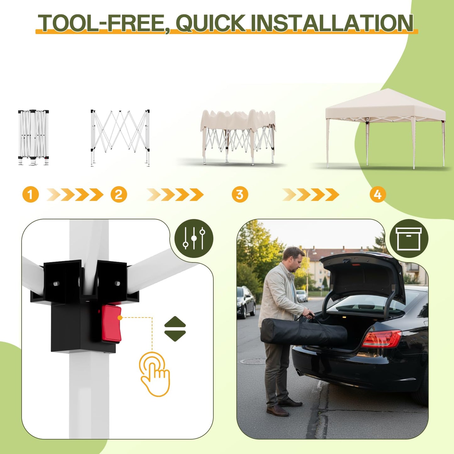 JUMMICO Gazebo Folding Gazebo 2 x 2, Gazebo Height Adjustable Stable Waterproof Winterproof Pop-Up Garden Gazebo UV Protection 50+ Folding Tent for Garden, Courtyard, Camping, Gazebo Beige