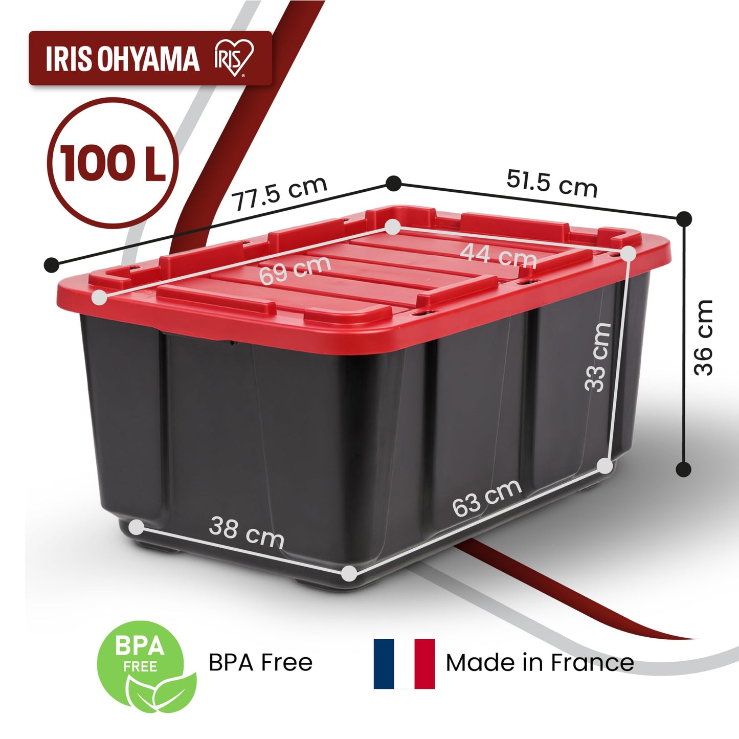 Iris Ohyama, 100L Plastic Storage Box with Heavy Duty Lid, Set of 2, Black, Stackable, Garage Shelves, Moving Moving Plastic Tool Box Storage Box UTB-27