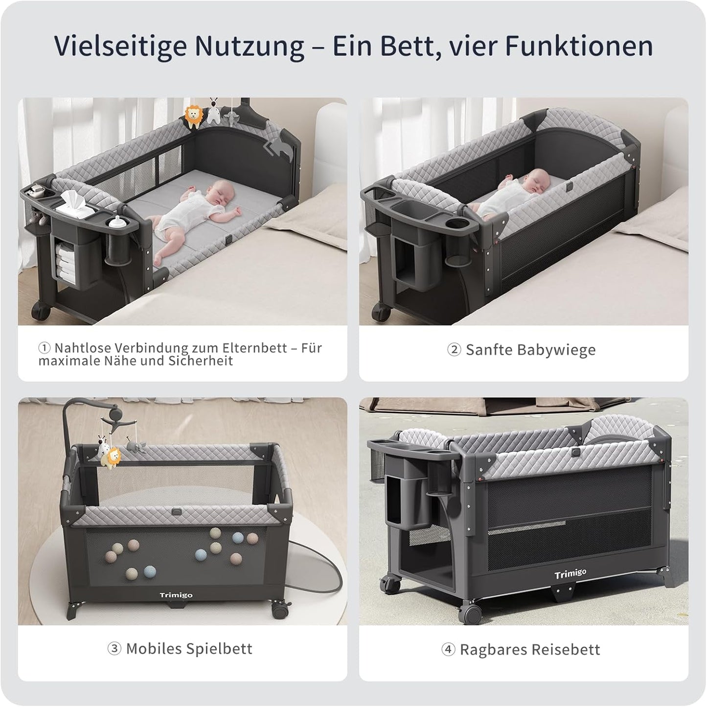 4-in-1 Baby Cot, Travel Cot, Height Adjustable, Children's Travel Cot & Side Cot, 120 x 70 cm, Foldable with Changing Mat, Playpen, Mosquito Net, Up to 15 kg