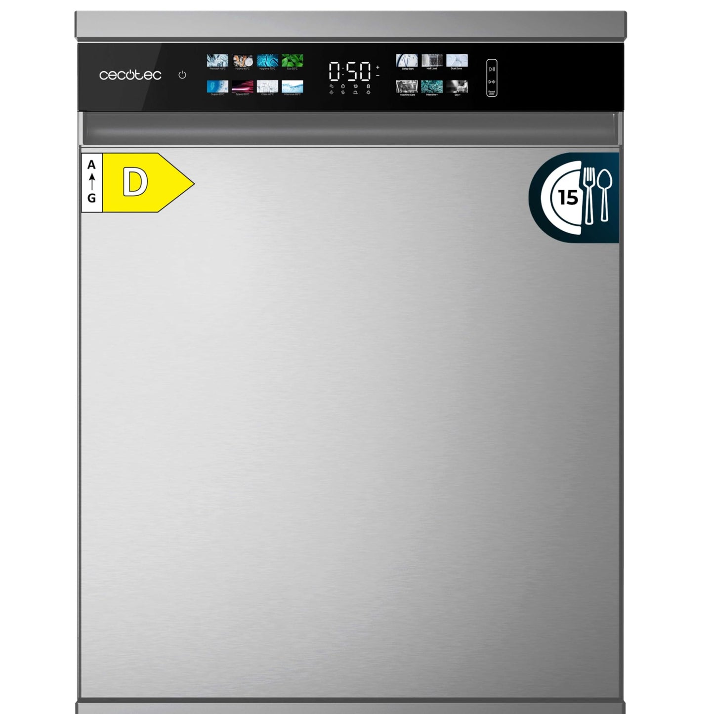 Cecotec Dishwasher 60 cm - Freestanding Bolero Aguazero 6210 Inox D. 15 Cutlery, Energy Efficient, XXL Fullcolour Display, Third Compartment, 14 Programmes, Dual Zone Wash, Adjustable Compartment,