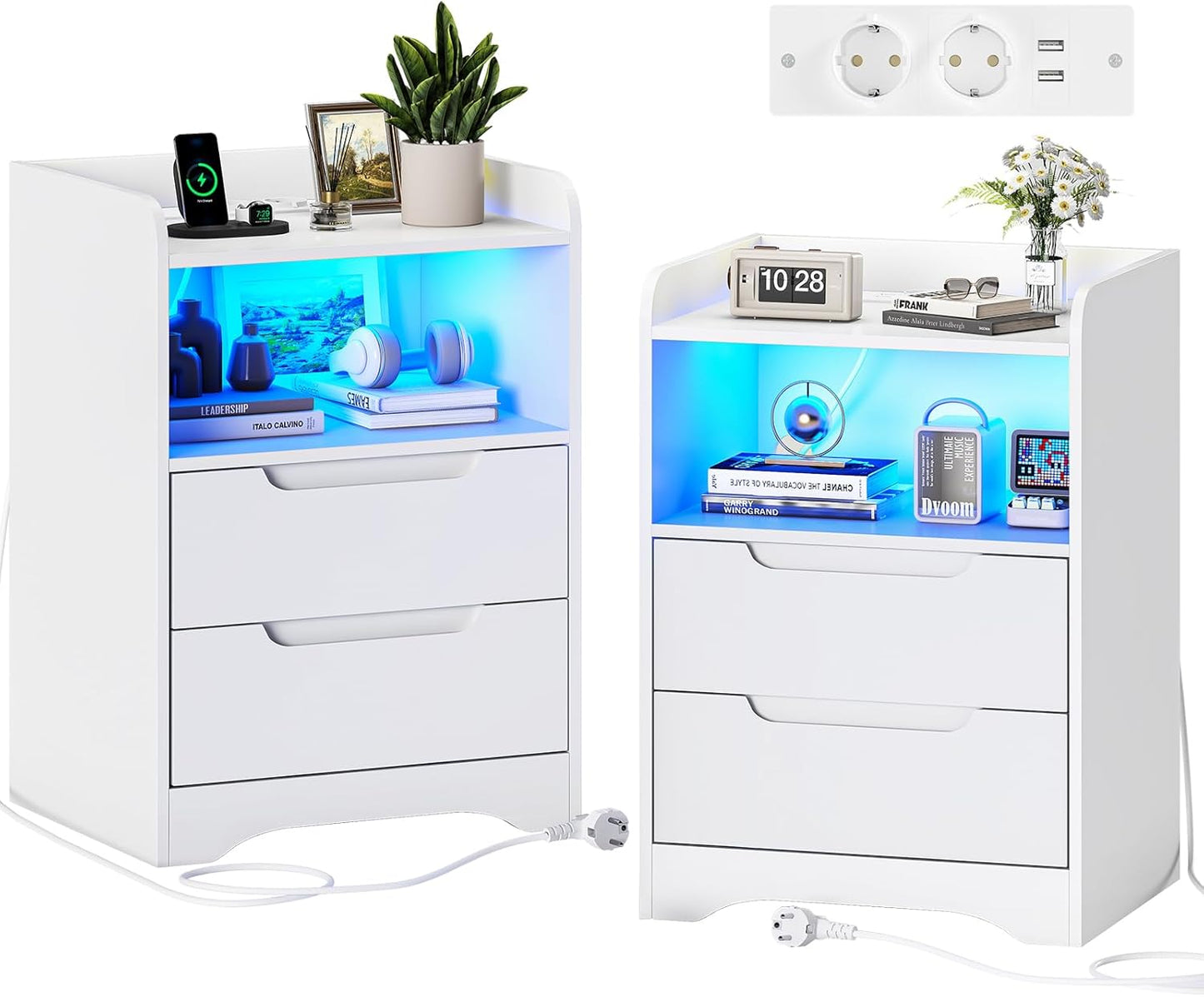 Bedside Table Set of 2 Bedside Tables with Charging Function and LED Light, Bedside Table, Set of 2 with 2 Drawers, Black Side Table, Black Coffee Table, Sofa Table for Bedroom, Living Room