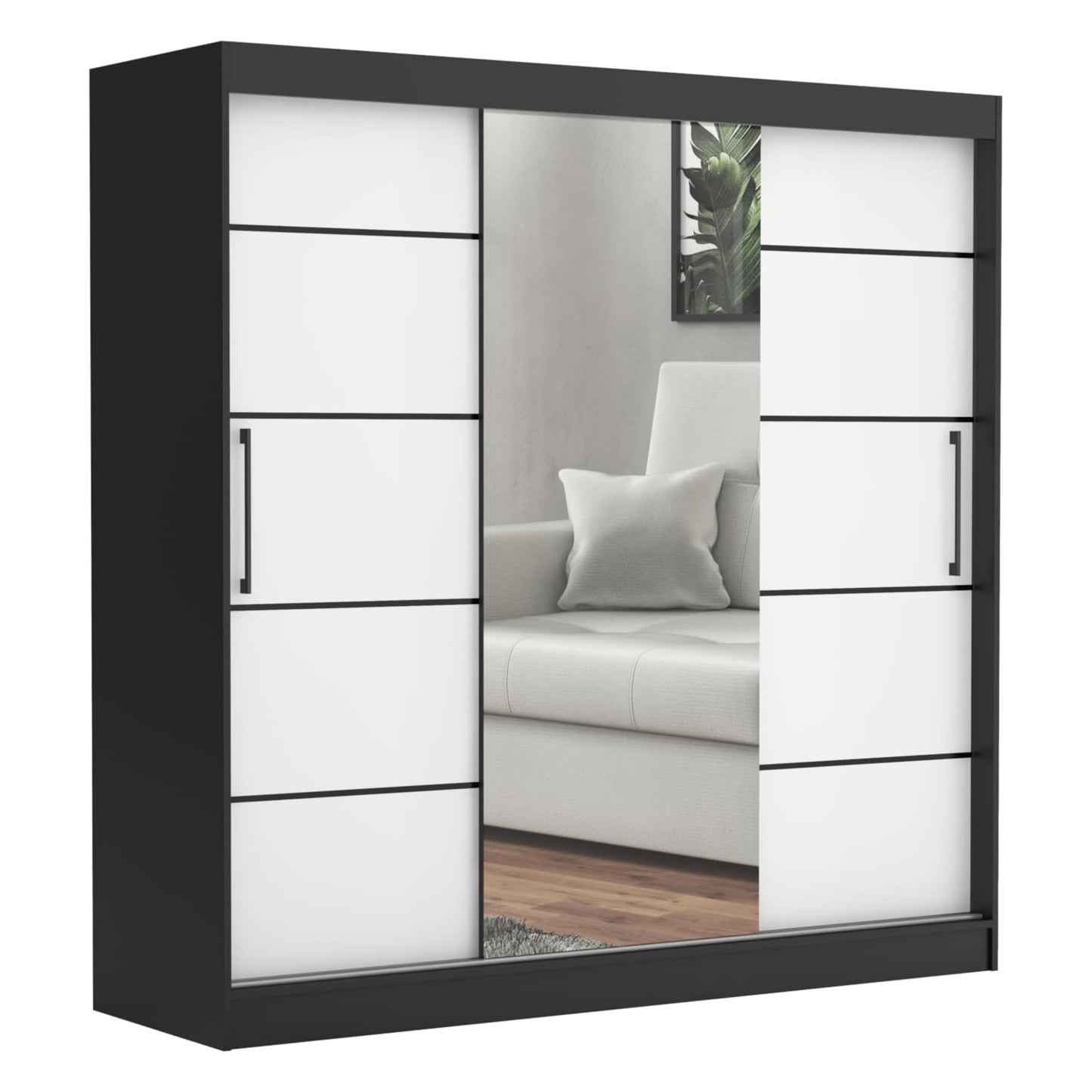 Brent - Kleiderschrank mit Spiegel und Schubladen 200cm Breit Chelsea Tomy, Schwebetürenschrank mit Spiegel, Schlafzimmerschrank, Kleiderschrank Schwarz/Wotan Eiche