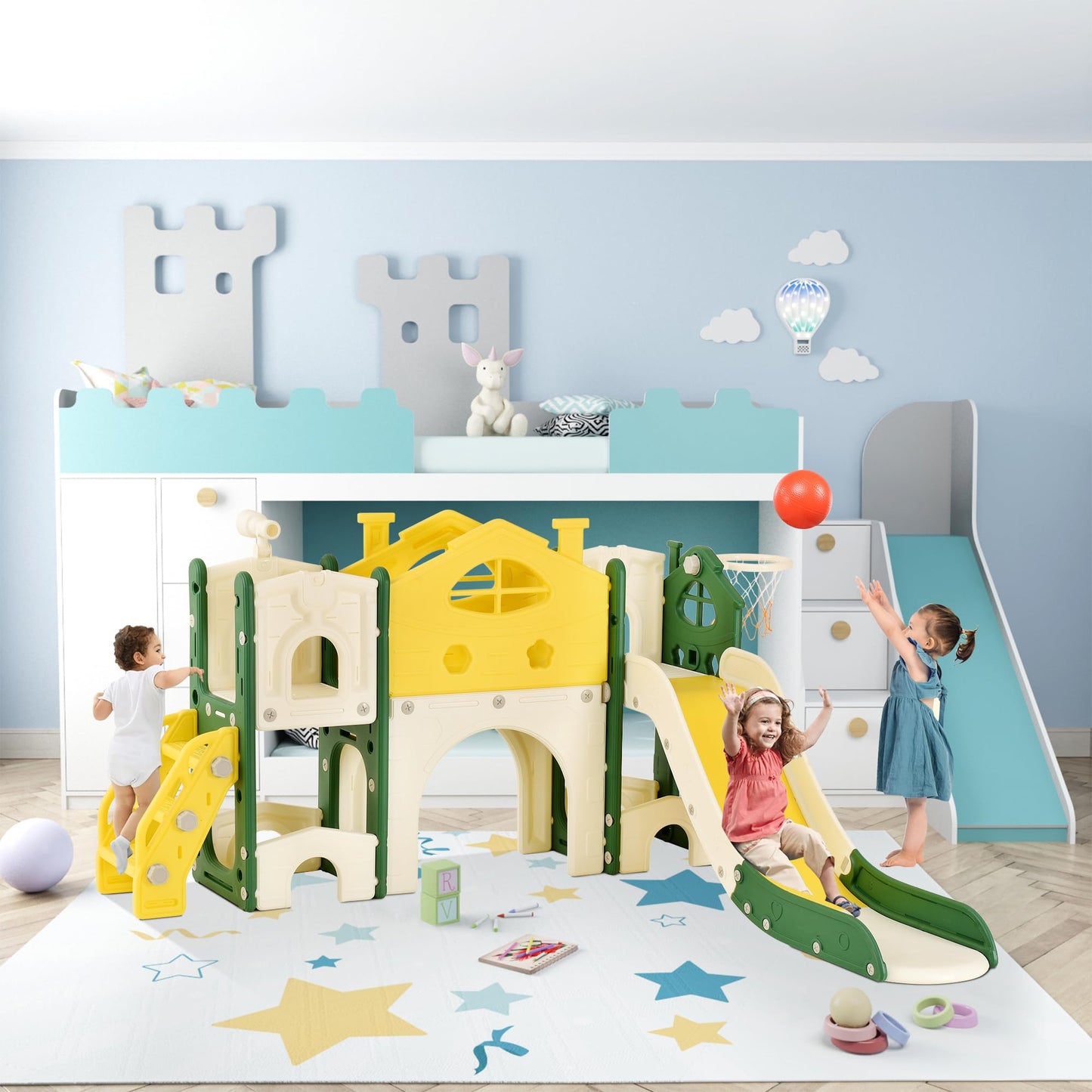 BestAlice 4 in 1 Kinderrutsche Set für Outdoor und Innen, Spielplatz mit Schaukel, Basketballkorb, Kletterleiter, Indoor- und Outdoor-Spielset, 18 Monate + (Blau)