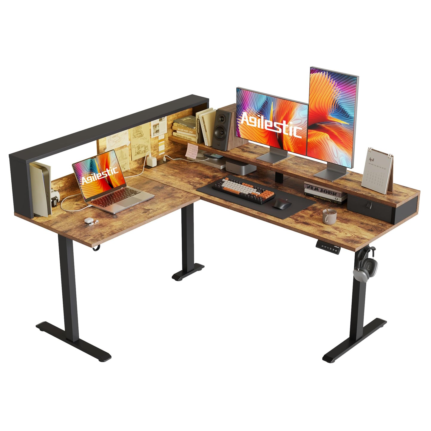 Agilestic L-Shaped Height-Adjustable Desk, 160 x 140 cm Desk, Height Adjustable, Electric, Corner Desk, Ergonomic Standing Seat Table, Computer Desk, White