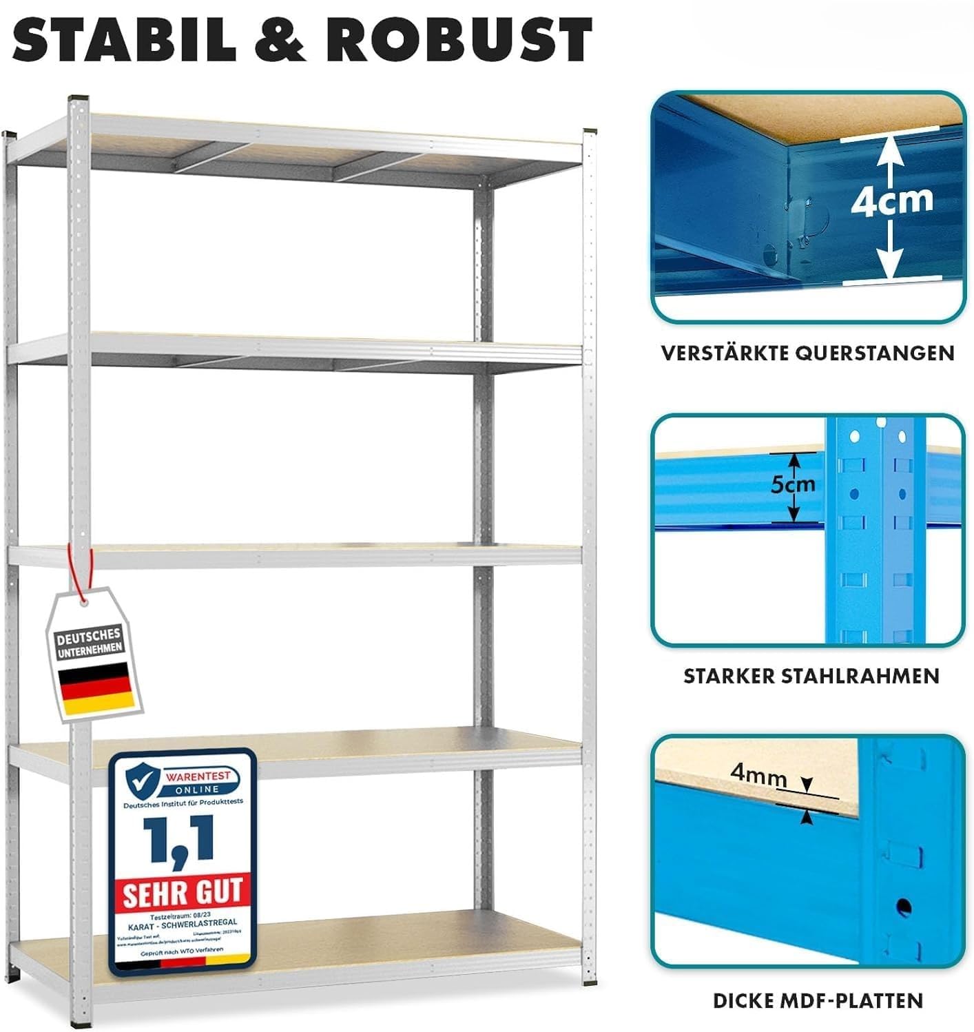 KARAT Heavy Duty Shelving – Plug-in Shelving Unit, Cellar Shelf, Storage Shelf, Workbench – Load Capacity up to 1500 kg – Quick Assembly and Stable (Galvanised, 180 x 90 x 45 cm)