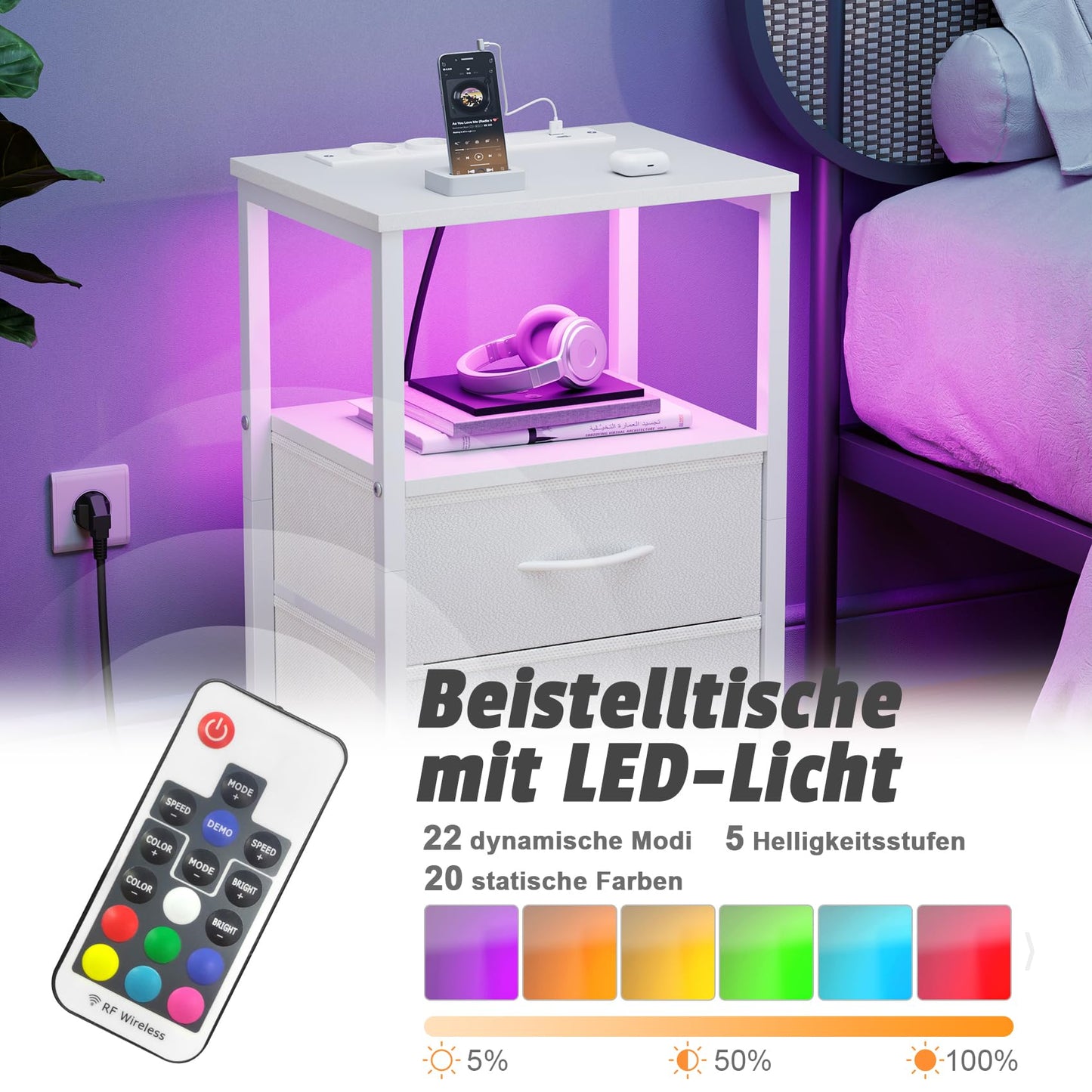 Bedside Table with LED & Charging Function, Side Table with Drawer, Bedside Tables with 3 AC Ports & 2 USB Ports, Side Tables for Living Room, Bedroom, White