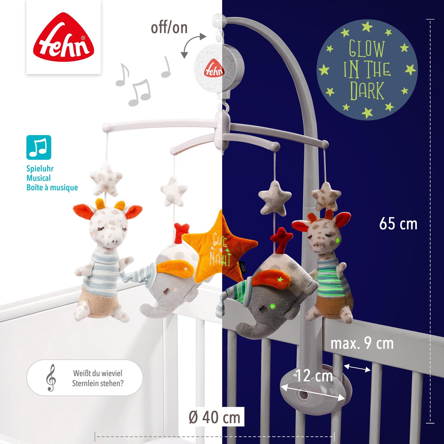 Fehn 053180 Good Night Music Mobile, With Melody "Weißt du wie viel Sternlein stehen" and Cute Figures with "Glow-in-the-Dark" Embroidery, For Babies from 0-5 Months, Size: Diameter 40 cm