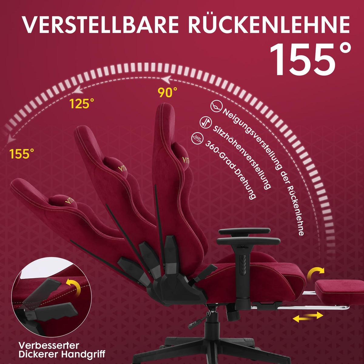 Vittanly Gaming Stuhl, Luxuriöser Wildlederimitat Gaming Chair Bürostuhl, Ergonomischer Schreibtischstuhl mit Fußstütze Kopfstütze und Lendenkissen, 3D Armlehnen, 90-155° Rückenlehne, Weinrot