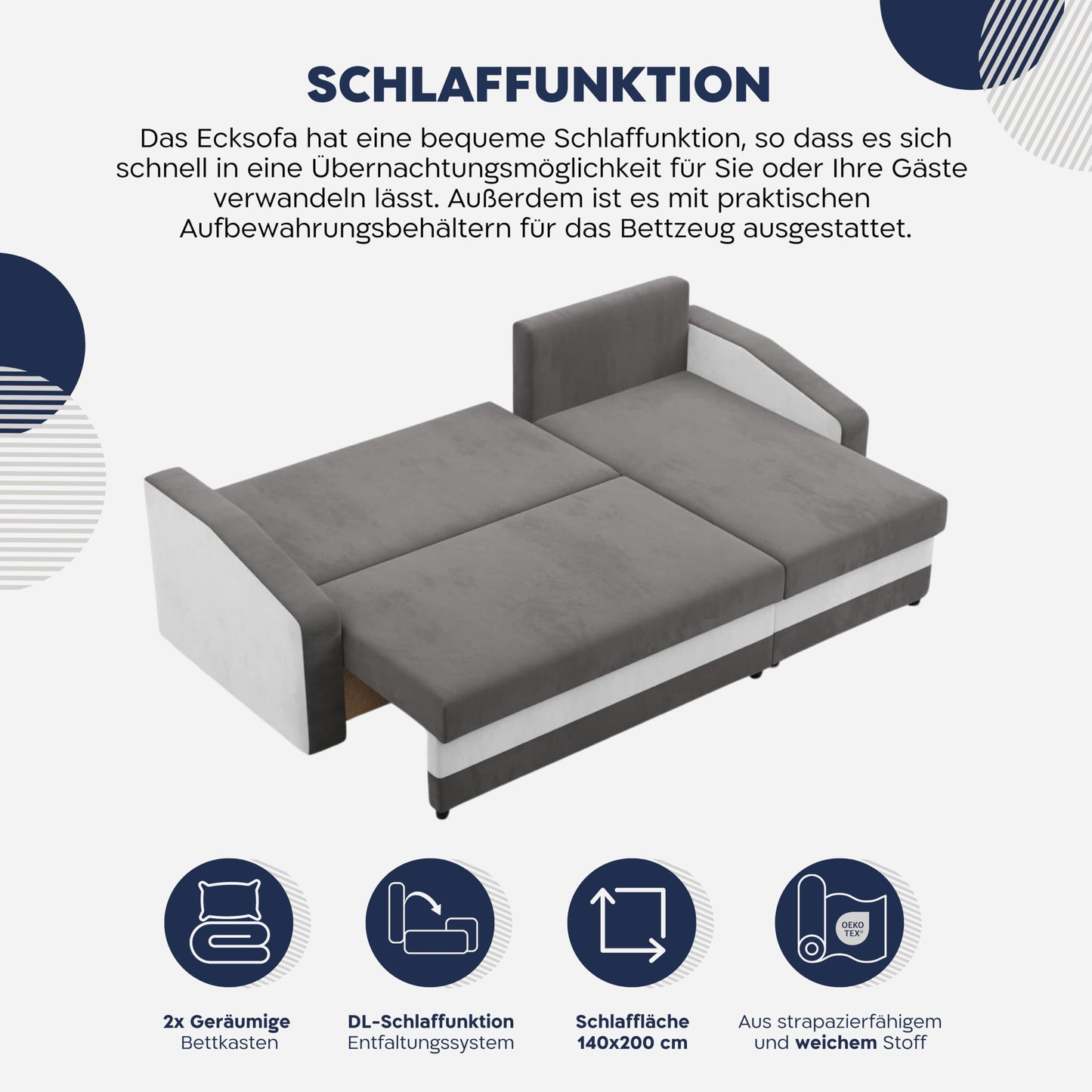 Mebligo Orion Corner Sofa with Sleep Function and Bed Box Black + Pink