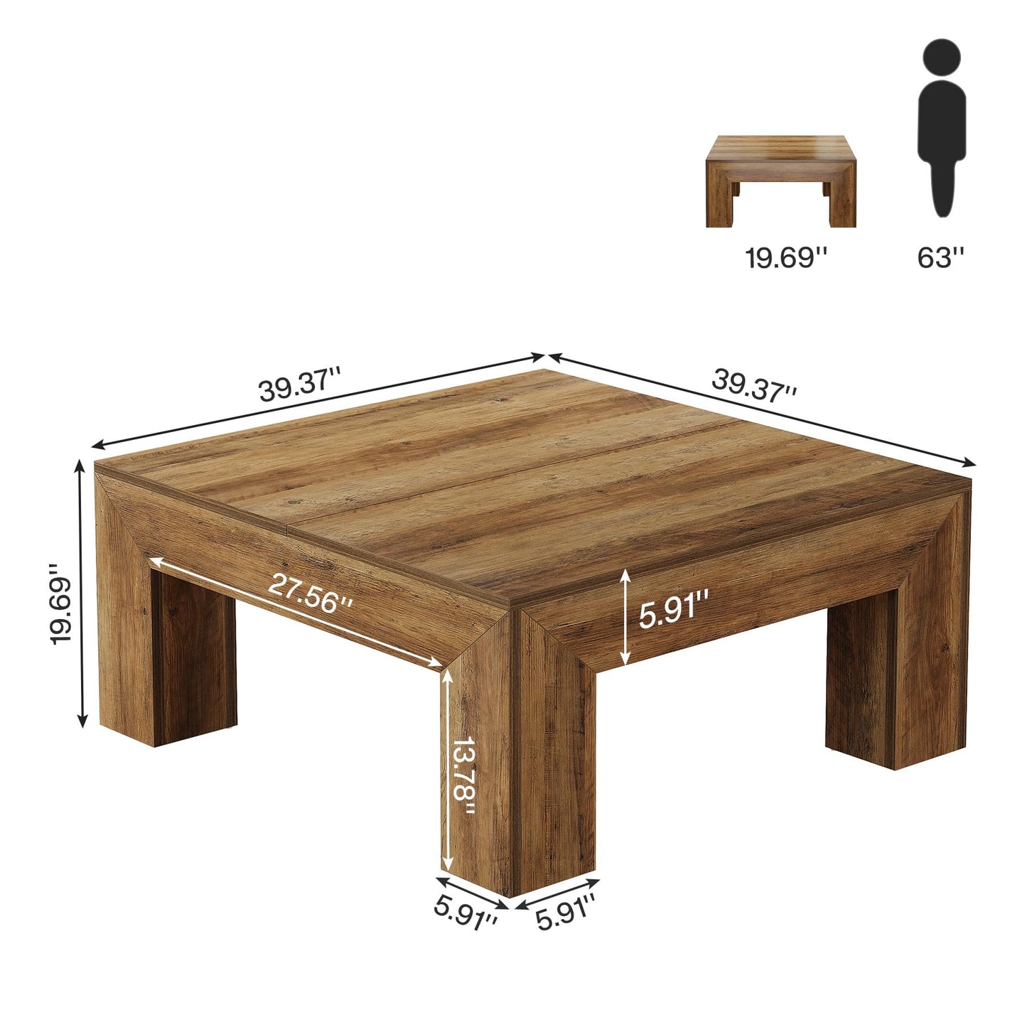 Tribesigns Coffee Table, Square Living Room Table, Coffee Table with Sturdy Wooden Feet for Couch Bedroom, 100 x 100 x 50 cm, Rustic Brown