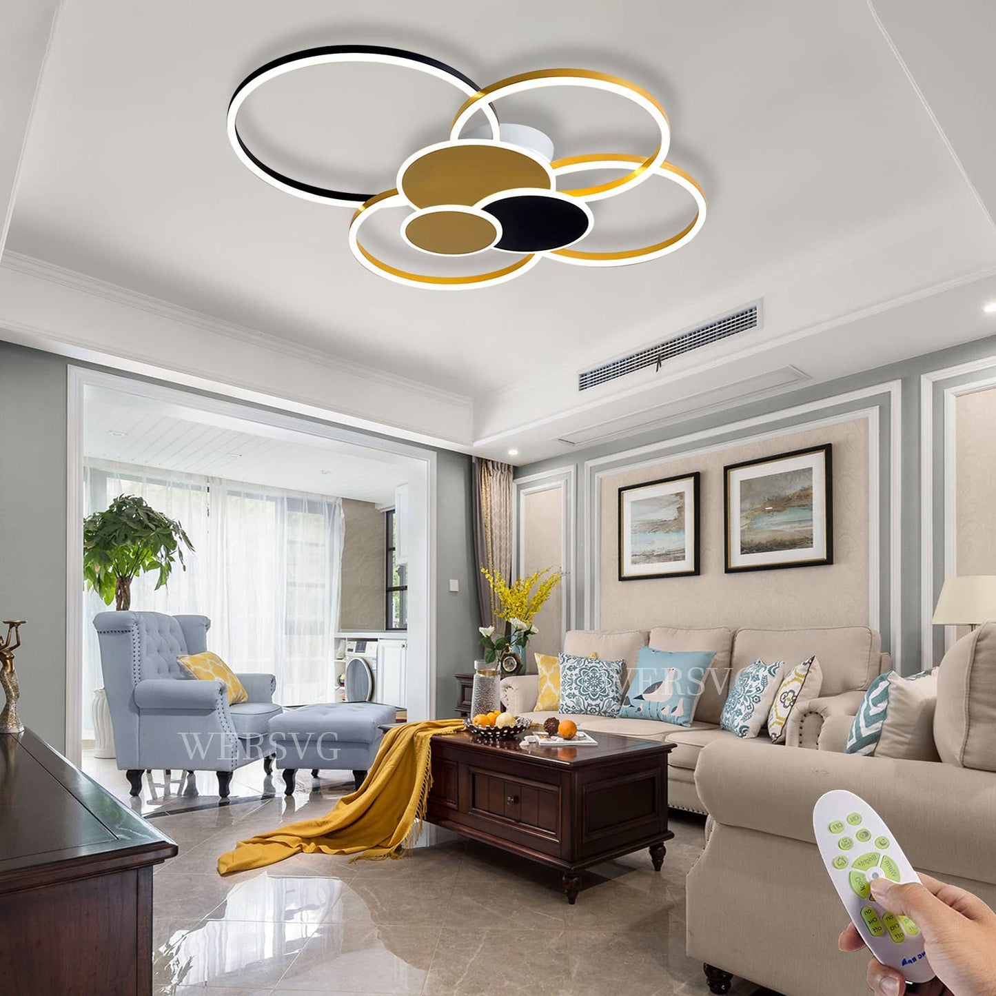 WERSVG L80cm Modern LED Deckenleuchte Wohnzimmer Deckenlampe gold 6-Ring Deckenleuchte 70W 5600LM Dimmbar 3500K - 6500KMit Fernbedienung flurlampe decke, für Wohnzimmer Schlafzimmer Küche Esszimmer