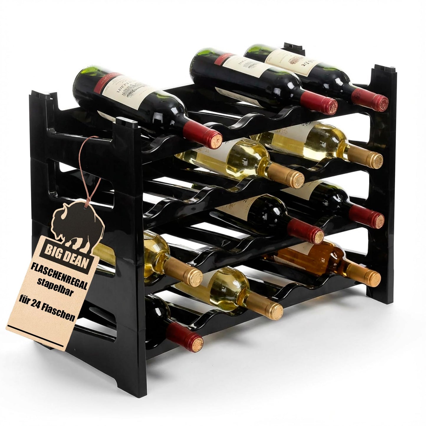 BigDean Bottle Rack Stackable for 72 Bottles Wine Rack Made of Plastic Black Drinks Rack Bottles Shelf System for Glass & PET up to 1.5 Litres