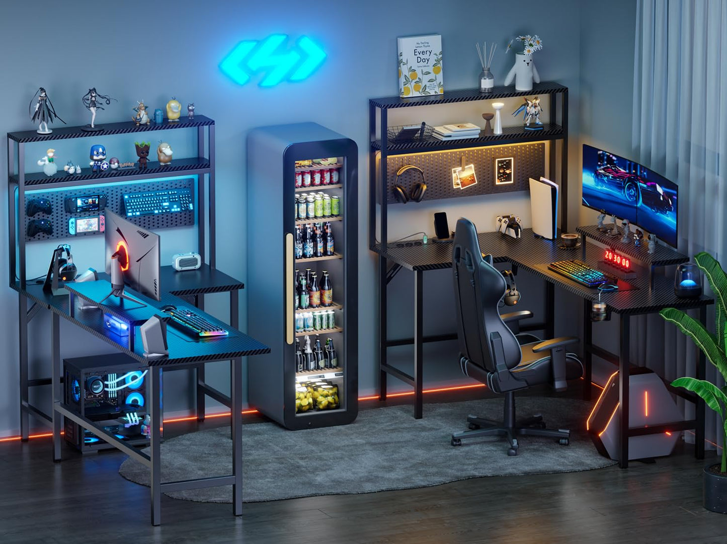 Gaming Table with LED, 150 x 100 cm Corner Desk with 3 Sockets and 2 USB, Reversible Gaming Desk L Shape, Computer Desk with Monitor Stand and Countertop Shelf, Carbon Fibre Black