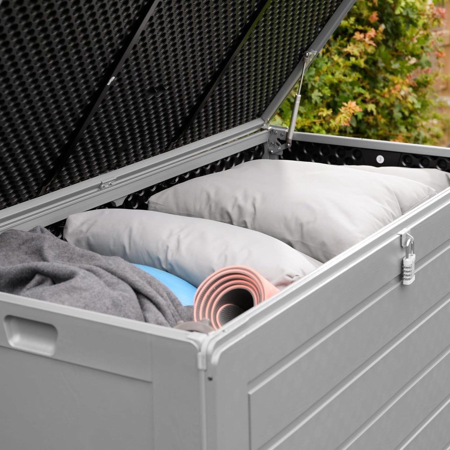 Olsen & Smith 270L Large Capacity Outdoor Garden Storage Box with Padlock Plastic Shed - Weatherproof and Stand Up with Wood Effect Chest (270L, Black)