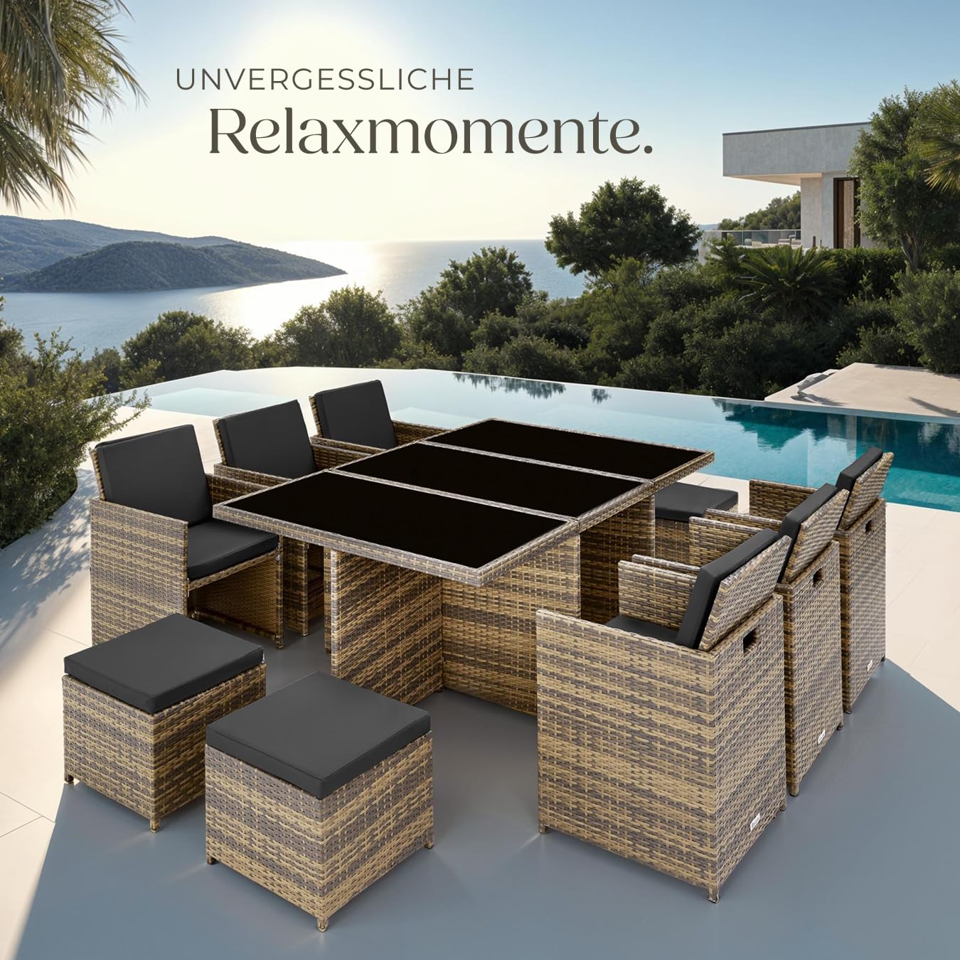 tectake Polyrattan Gartenmöbel Set, Sitzgruppe mit 6 Stühle +1 Glasplatte Tisch + 4 Hocker, Gartenlounge Set klappbar, für bis zu 10 Personen, Balkon Möbel, inkl. 2 Bezugsset - Natur