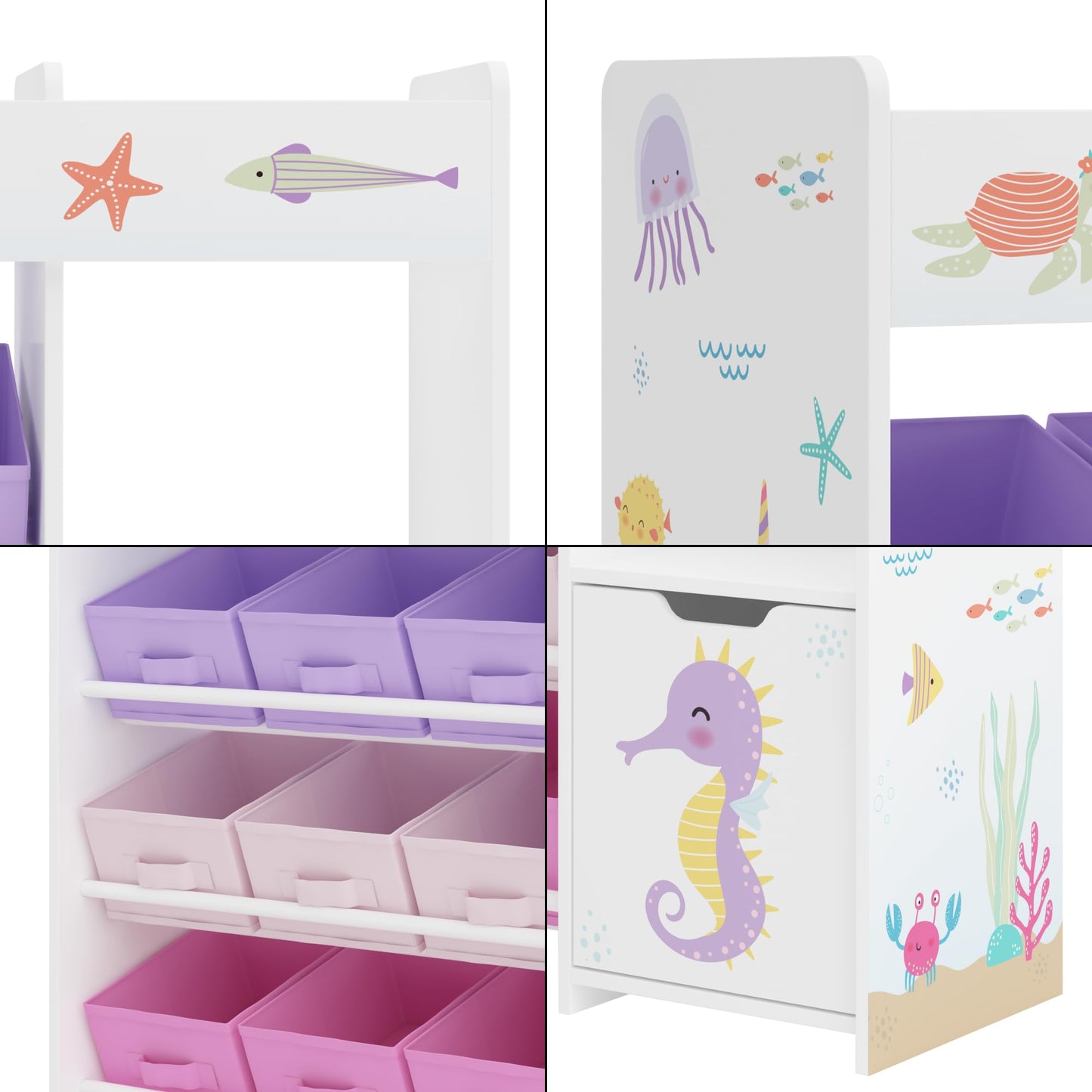 [en.casa] Kinderregal Søndreland Bücherregal für Kinder mit 9 Aufbewahrungsboxen Spielzeugregal mit Schrank 80 x 90 x 30 cm Spielzeug Aufbewahrung Ozean Motiv