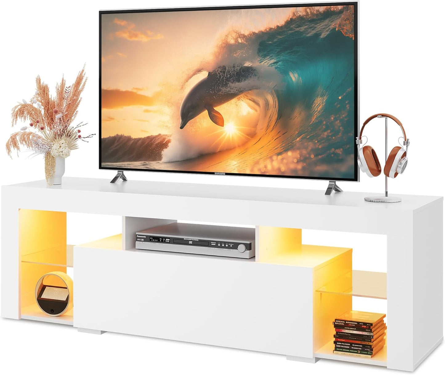 WLIVE 160 cm LED TV Cabinet, TV Cabinet, White TV Stand with LED for 50 55 60 65 70 Inch TV, 20 Colours RGB TV Cabinet for Living Room, Bedroom, Modern Wooden TV Bench with 2 Drawers