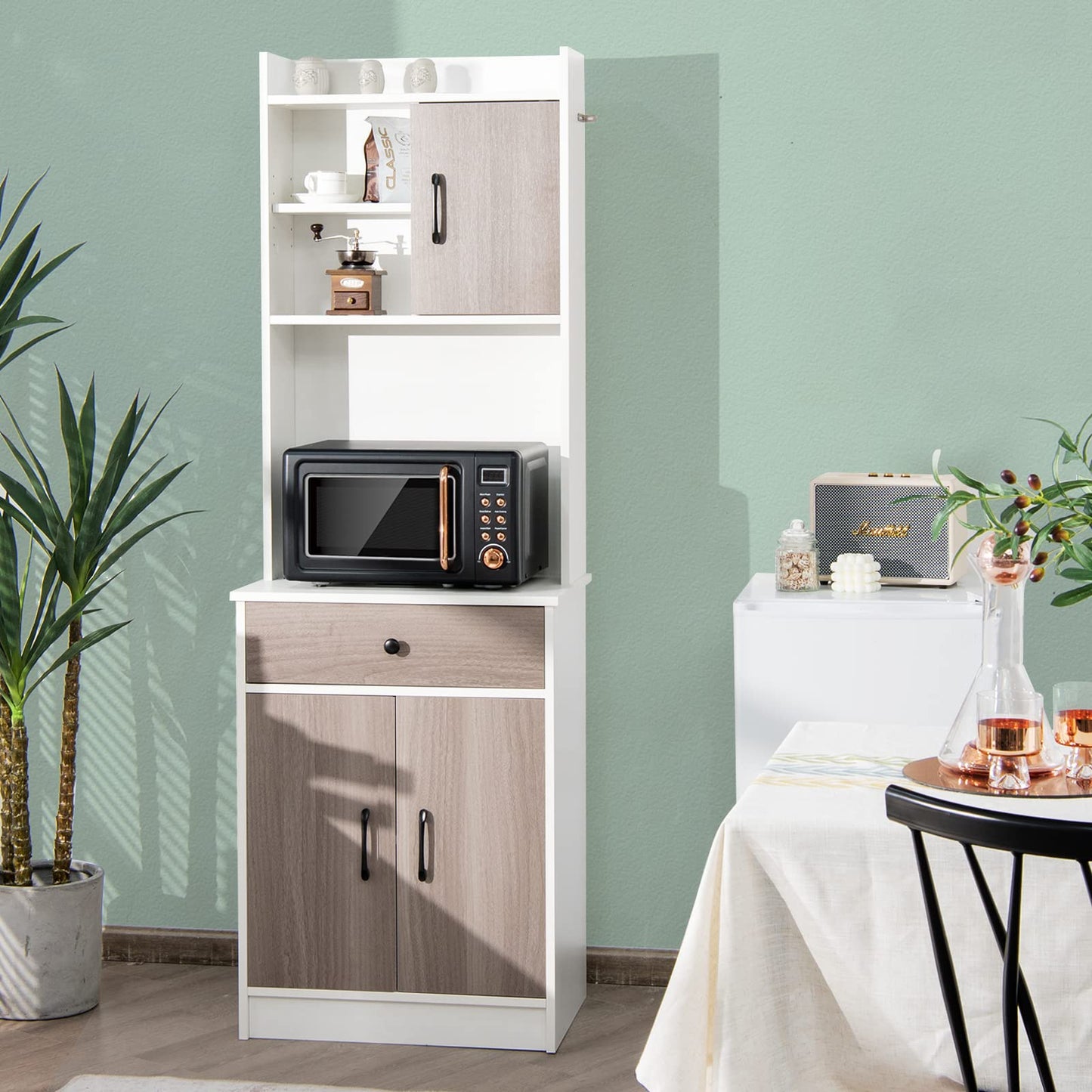 COSTWAY Kitchen Cabinet, Buffet Cabinet with Drawer, Adjustable Shelves and Cable Hole, Tall Cabinet Kitchen Wood, Large Open Space for Microwave, Freestanding, 60 x 40 x 180 cm (White)