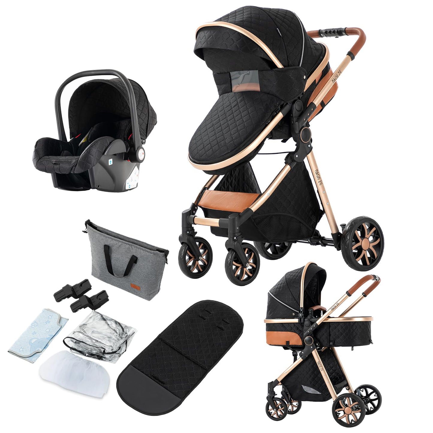 PU Leather Pushchair 3-in-1, Buggy with One-Click Folding Design, Pushchair with Two Reversible Sliding Modes, Combination Pushchair 3-in-1 Complete Set Frame Aluminium Alloy (518 Black)