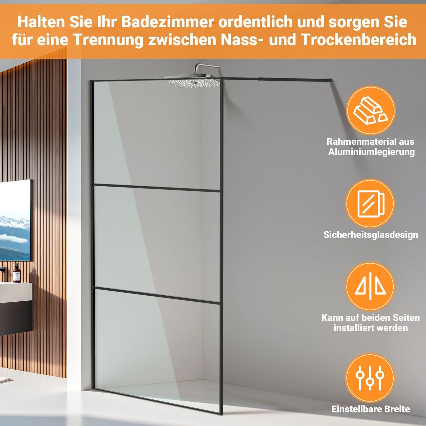 Shower Screen 80 x 200 cm Walk-in Shower Shiny Silver 3-Piece Segmented Full Frame 5 mm Tempered Safety Glass Right/Left Mountable for Floor or Shower Tray