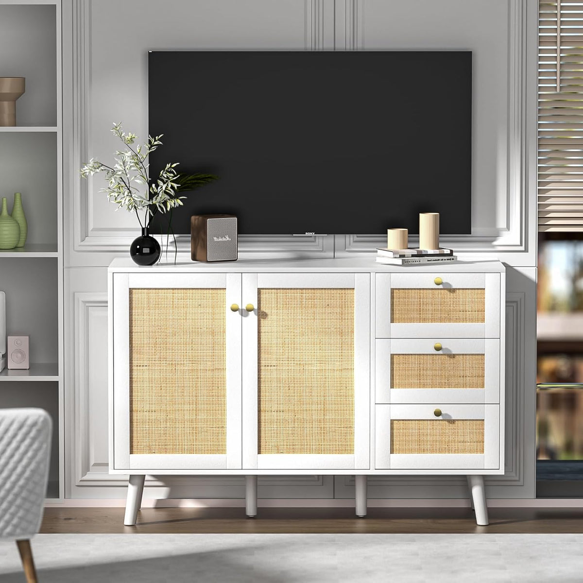 Sideboard 120 cm Rattan Kitchen Cabinet with Adjustable Shelf, Buffet Cabinet with 3 Drawers and 3 Doors, Storage Cabinet for Living Room, Kitchen, Dining Room, Hallway, White, 120 x 40 x 82