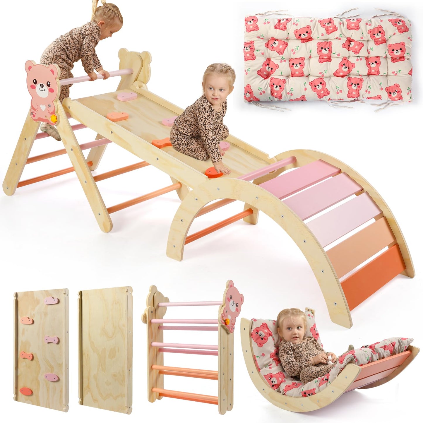7-in-1 Montessori Kletterdreieck Set mit Rutsche, Kletterbogen & weichem Kissen – Holz Klettergerüst für Babys & Kleinkinder ab 1–3 Jahre, Indoor Spielgerät, faltbar & sicher (Dinosaur)