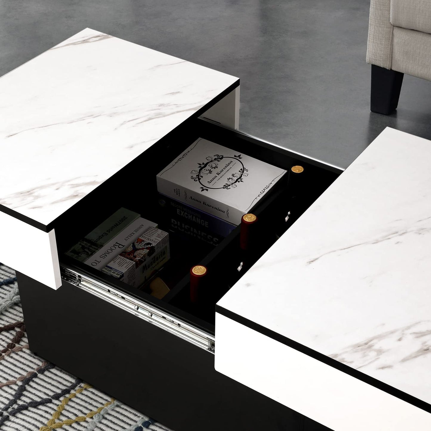 Vowner Coffee Table, Modern Coffee Table, Extendable Desk, Living Room Table with 2 Storage Spaces, High Gloss Finish, 114 x 58 x 40 cm, White Marbling