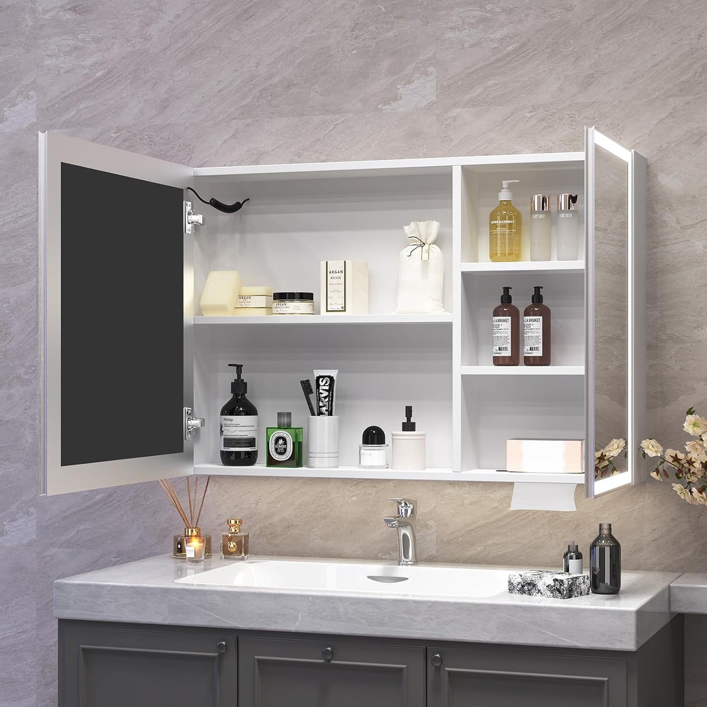 Aovquof Mirror Cabinet with Lighting - 90 x 60 cm Bathroom Mirror Cabinet with Storage Space, Bathroom Mirror Cabinet with Adjustable Dimmable LED Lights with Demist Function, Modern Cream Colour