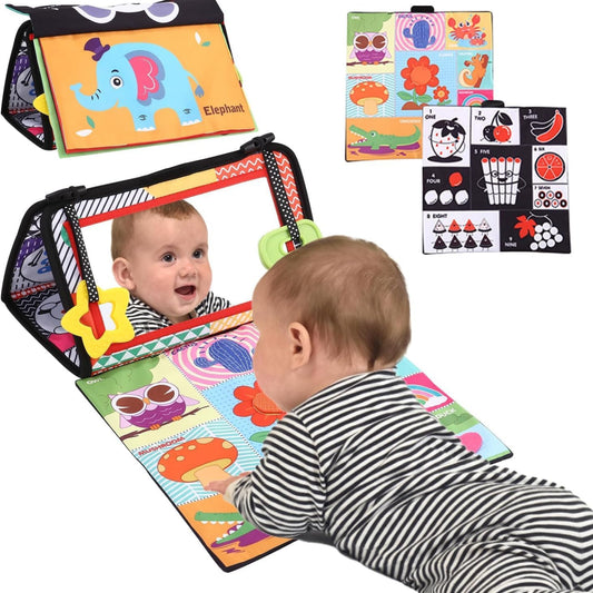 Zawaer Baby Mirror Toy, Foldable Baby Tummy Position, Sensory Fabric Books with Black White Contrast Pattern, Visual Auditory Tactile Stimulation Montessori Toy for Newborns from 3 Months