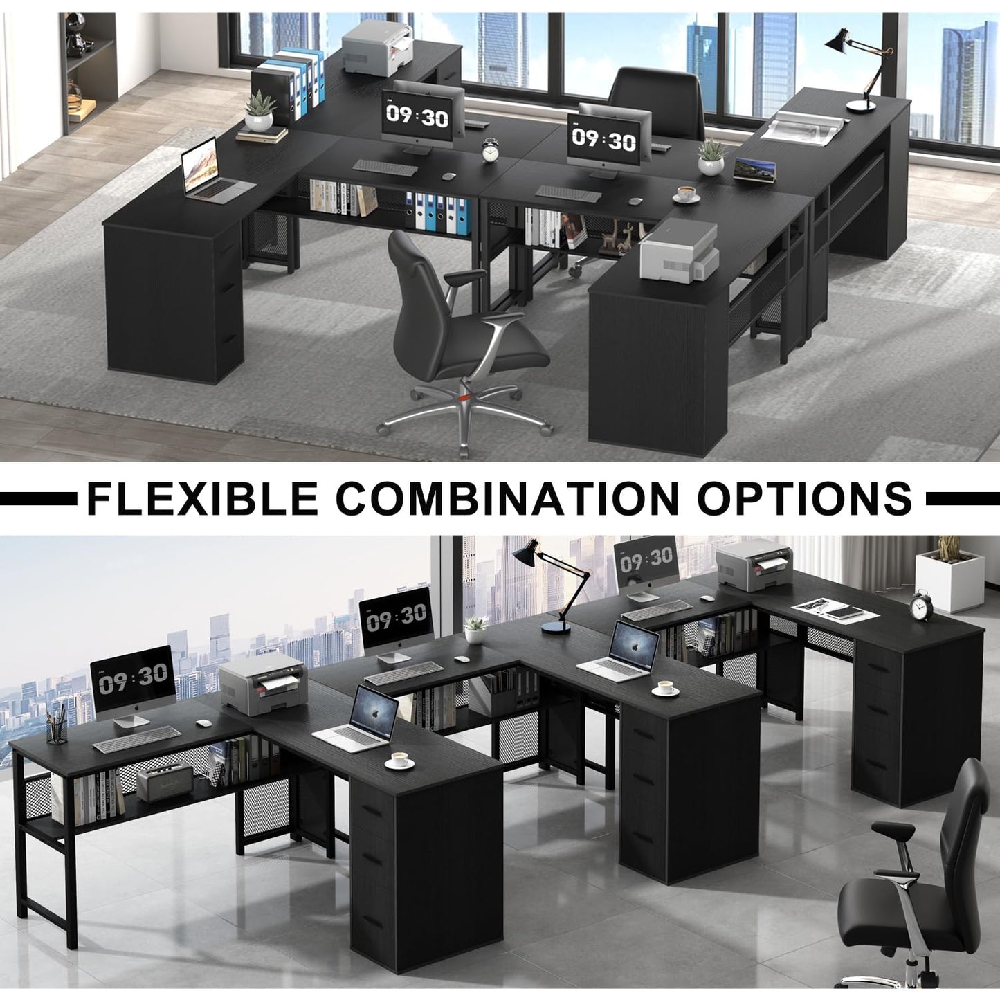 LVB White L Shaped Corner Desk with Drawers, Reversible Modern L Shaped Computer Desk with Storage Cabinets, Large L Shaped Wooden L Shaped Desk Metal L Shape