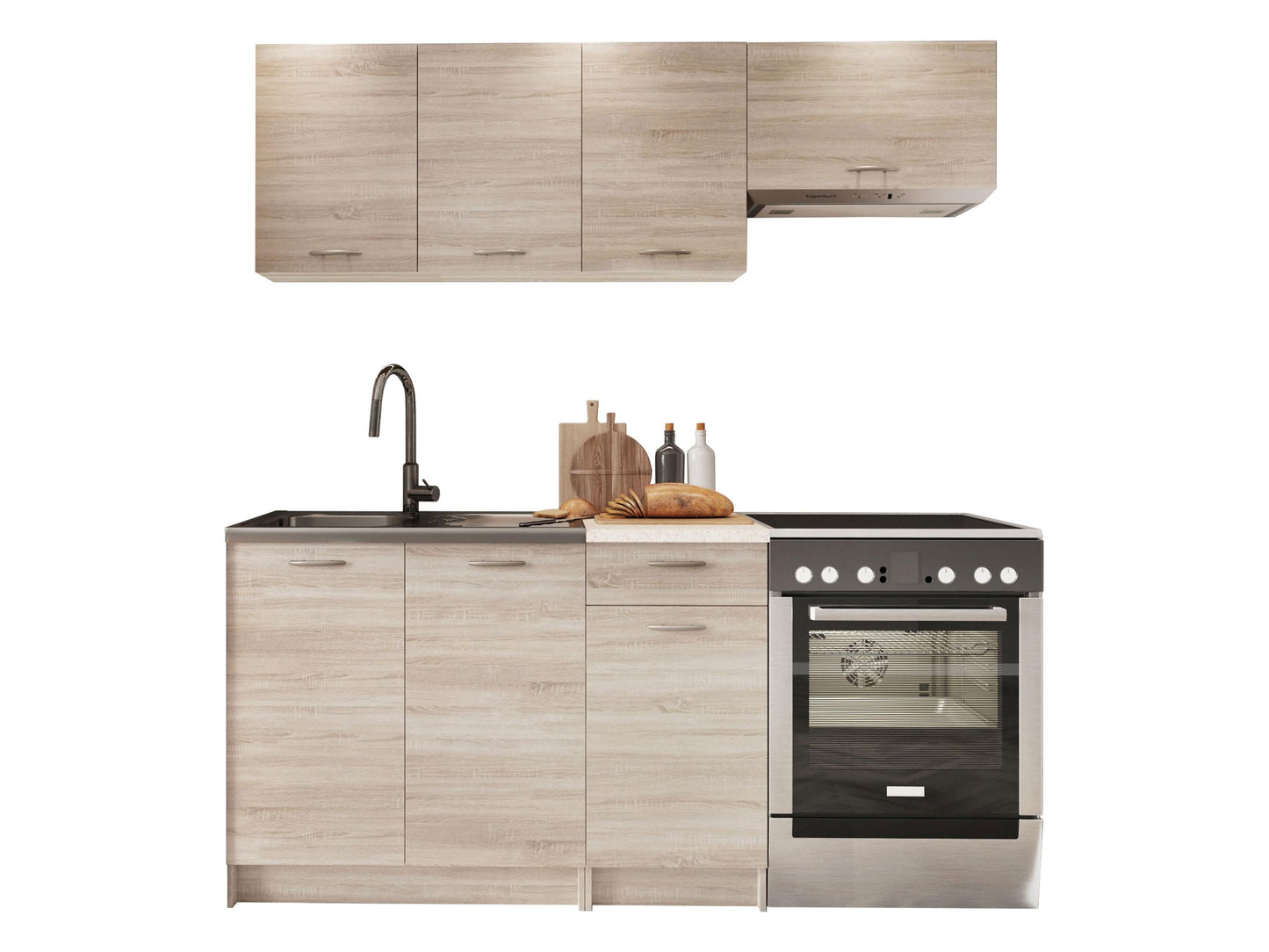Mela Kitchen 180/120 cm, Kitchen Unit, 5 Cabinet Modules Freely Combinable (Artisan Oak/Black)