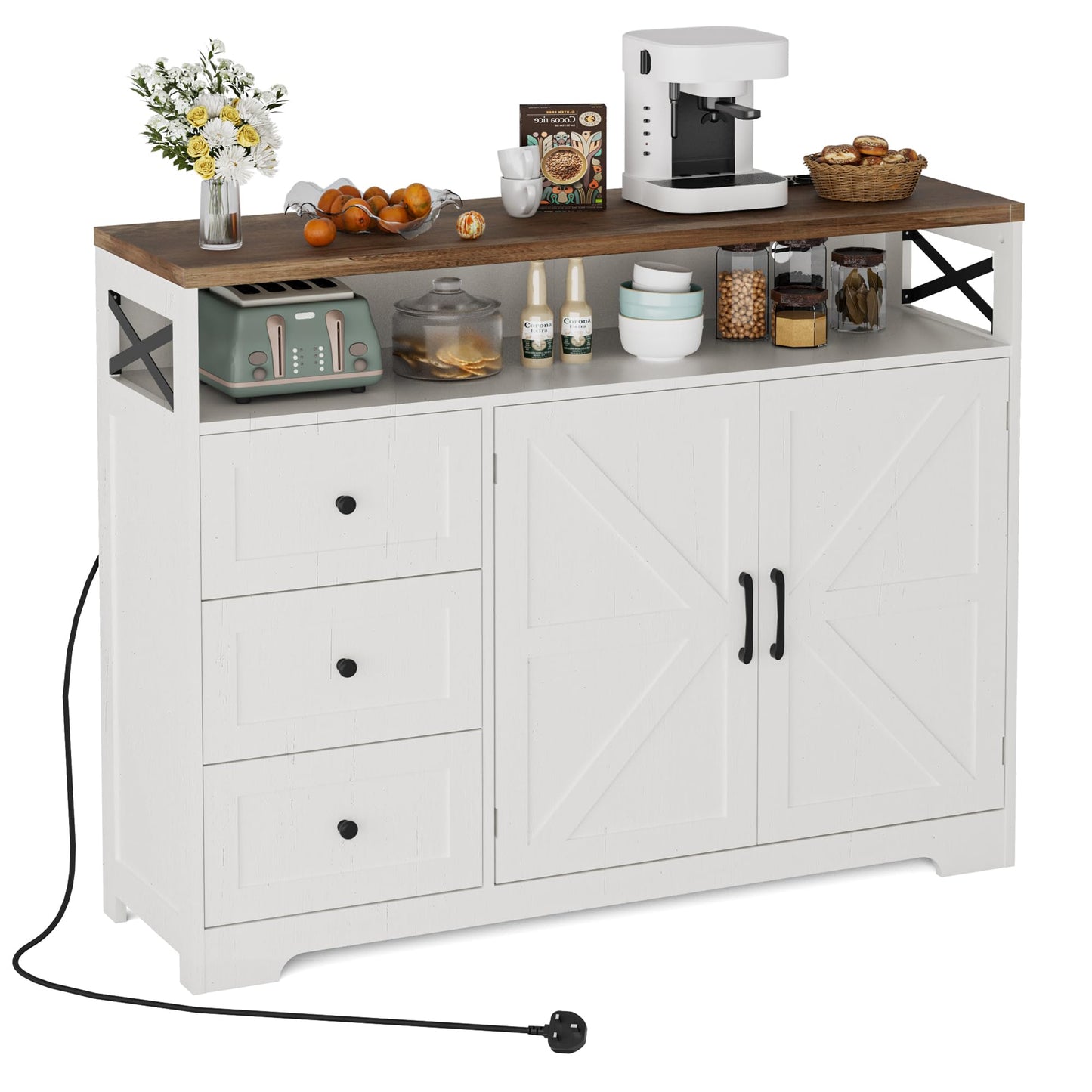 Kitchen Cabinet, Sideboard with Drawers and Open Shelf, Sideboard, Kitchen Cabinet, Coffee Bar Cabinet for Kitchen, Dining Room, Living Room, 120 x 35 x 95 cm, White