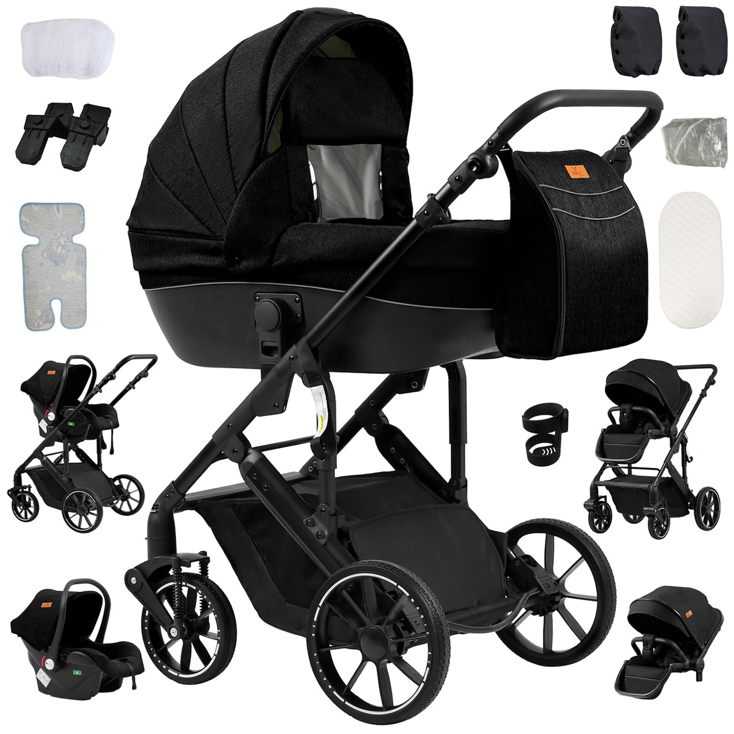 PU Leather Pushchair 3-in-1, Buggy with One-Click Folding Design, Pushchair with Two Reversible Sliding Modes, Combination Pushchair 3-in-1 Complete Set Frame Aluminium Alloy (518 Black)
