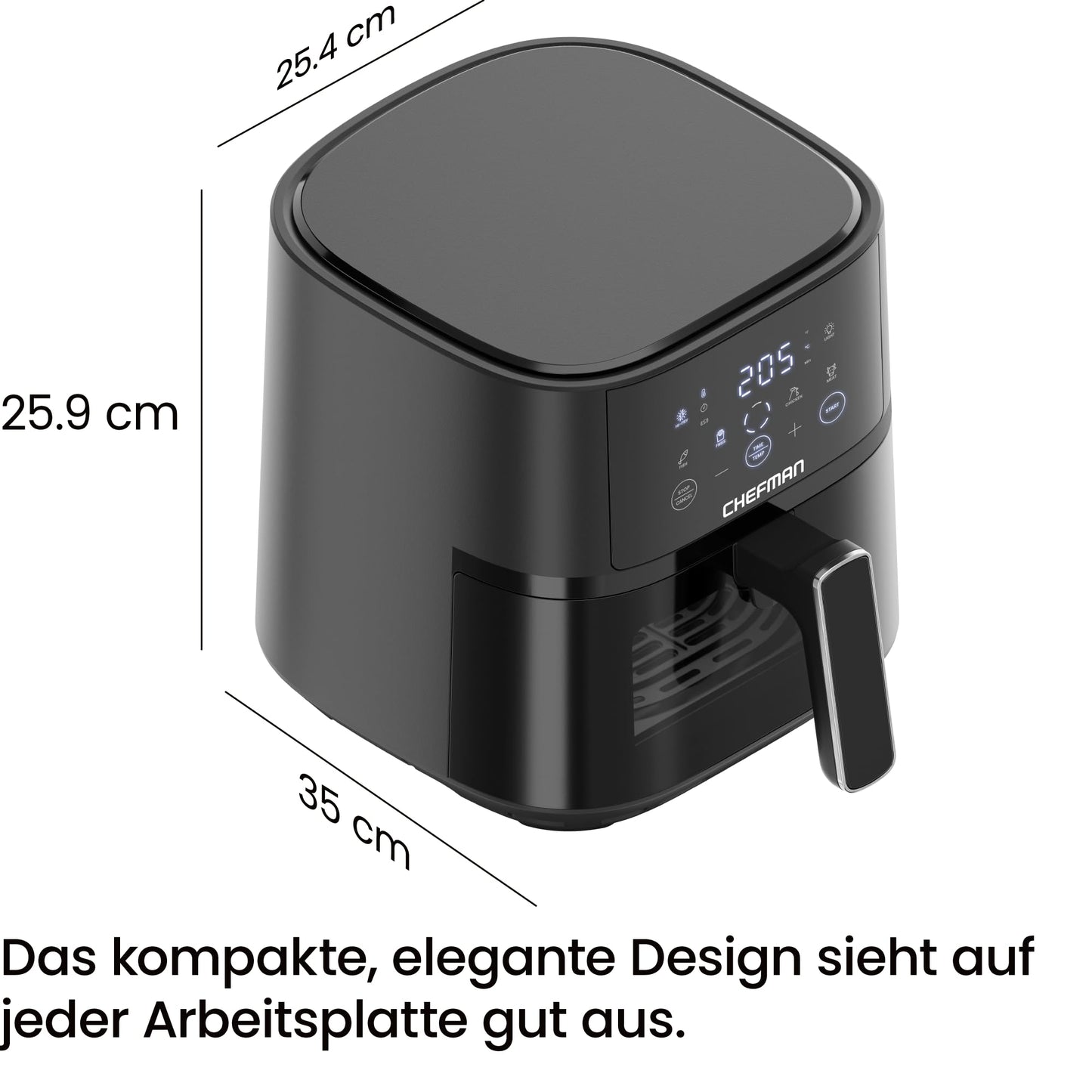 Chefman Hot Air Fryer - 3.75 L Compact Hot Air Fryer for Quick Meals, with Hi-Fry Technology, Viewing Window, Touch Controls, Non-Stick and Dishwasher Safe - Black