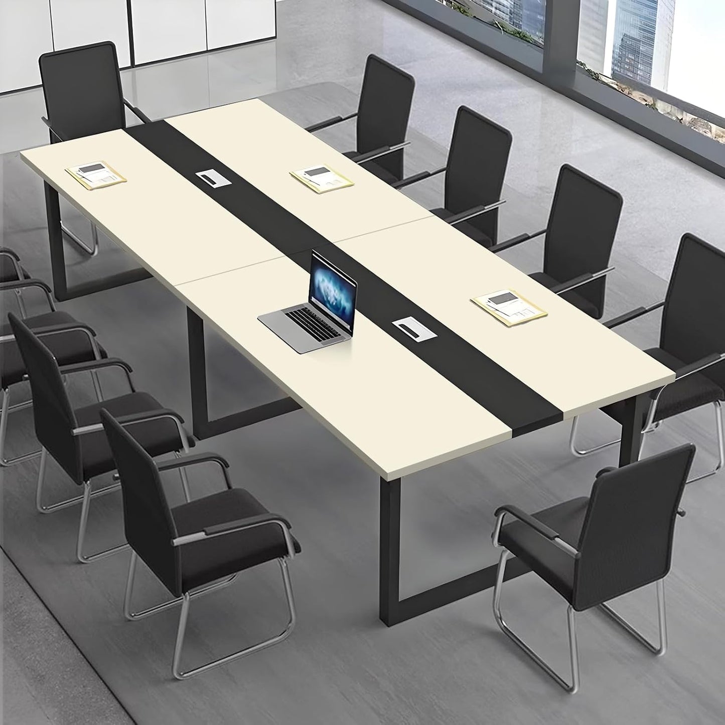 Large Conference Table, Modern Meeting Table with Cable Channel and Black Metal Frame for 8-12 People, Rectangular Seminar Table for Office, Conference Room