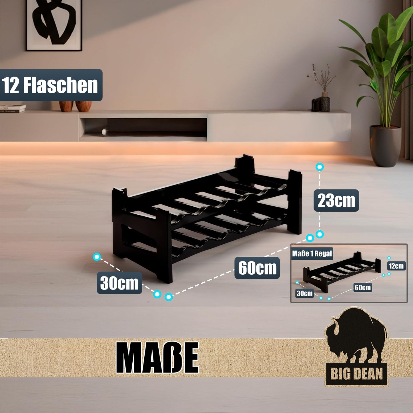 BigDean Bottle Rack Stackable for 72 Bottles Wine Rack Made of Plastic Black Drinks Rack Bottles Shelf System for Glass & PET up to 1.5 Litres