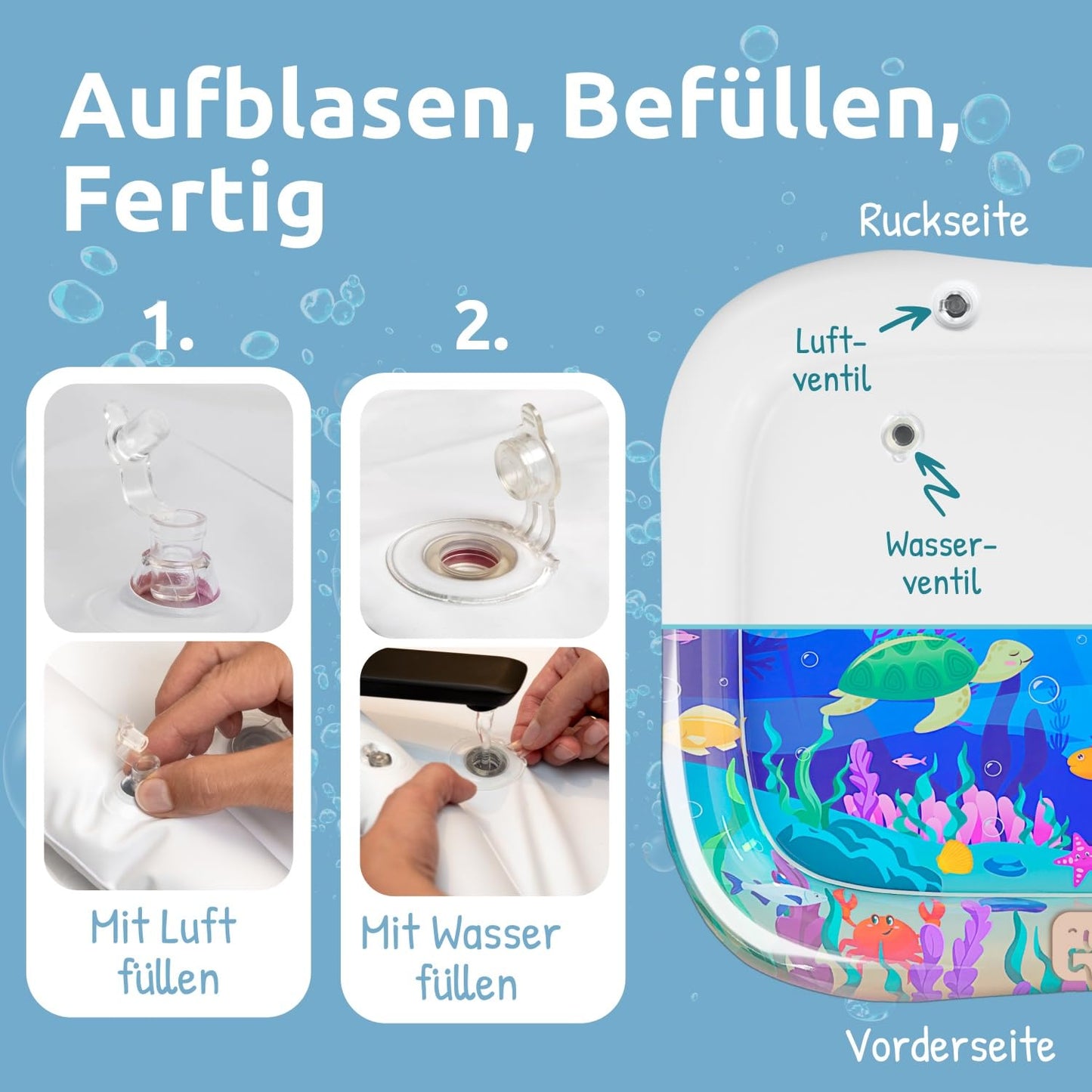 Mallie® Wassermatte Baby 66x50 CM [100% BPA & Schadstoff-Frei] ab 3, 6 und 9 Monate im Ozean Blau Design I Baby Spielzeug, Spielzeug Ab 6 Monate als Wassermatte Baby und Baby Spielzeug 6 Monate