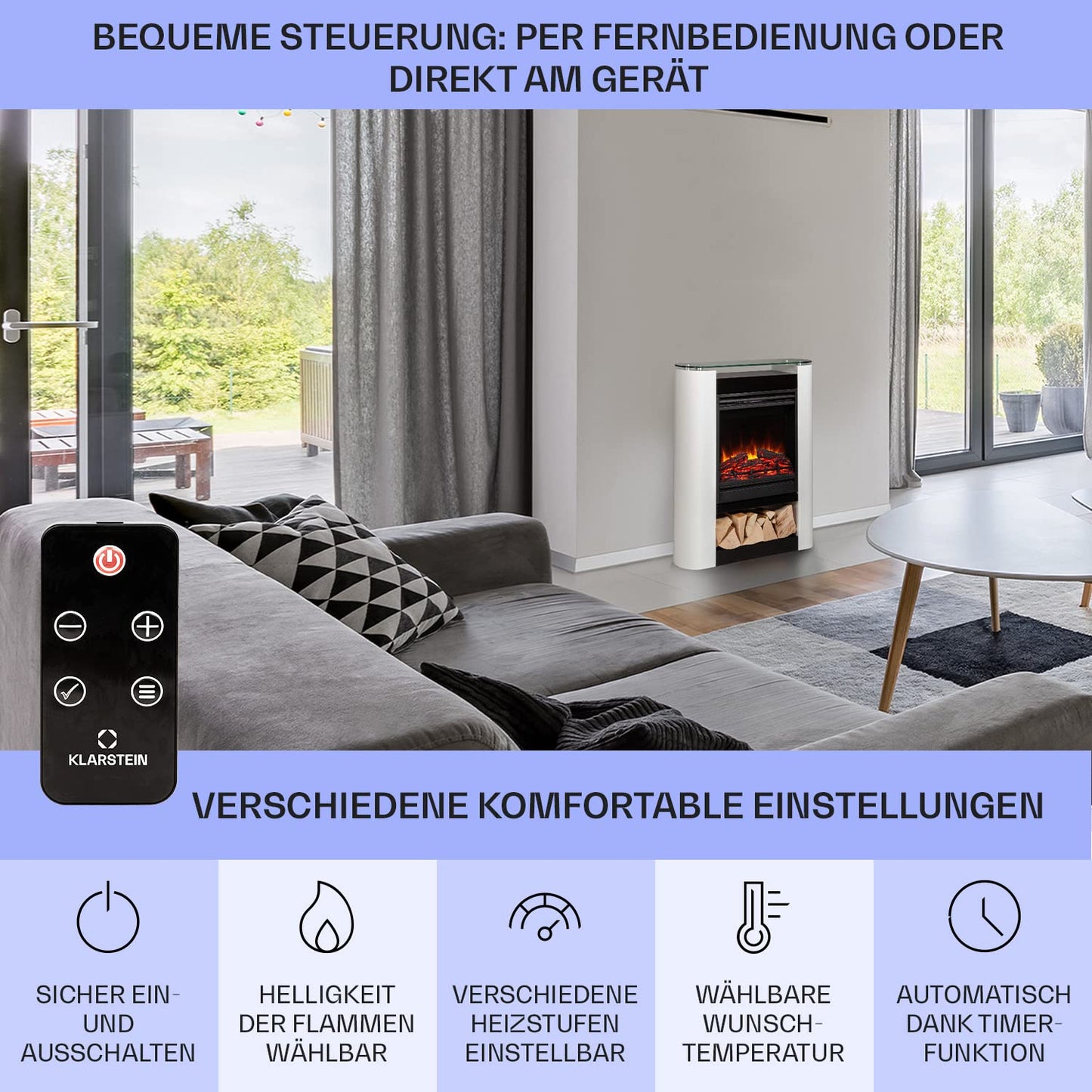 Klarstein Elektrokamin, Elektro Heizungen für Wohnzimmer & Innenräume, Elektrischer Kamin mit LED Flammen, Sparsamer Elektroofen, Heizlüfter mit Timer, Einstellbarer Thermostat, Heizung 1800 W