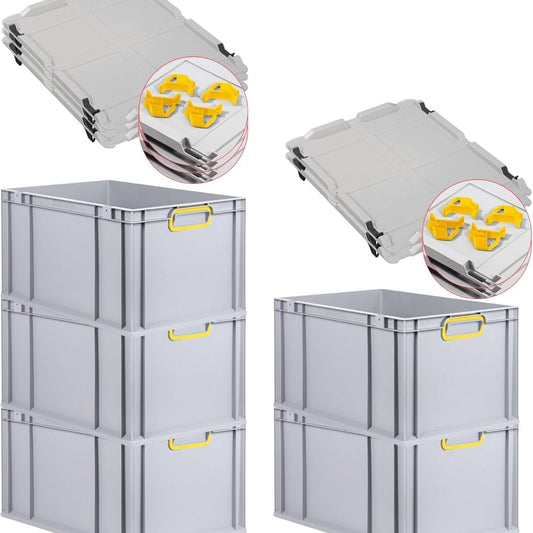 PROREGAL Economy Set of 5 Eurobox NextGen Colour with Lid and Sliding Snap Fasteners, H x W x D 22 x 30 x 40 cm, 20 L, Black, Closed Handles, Euro Container, Transport Box, Transport Container