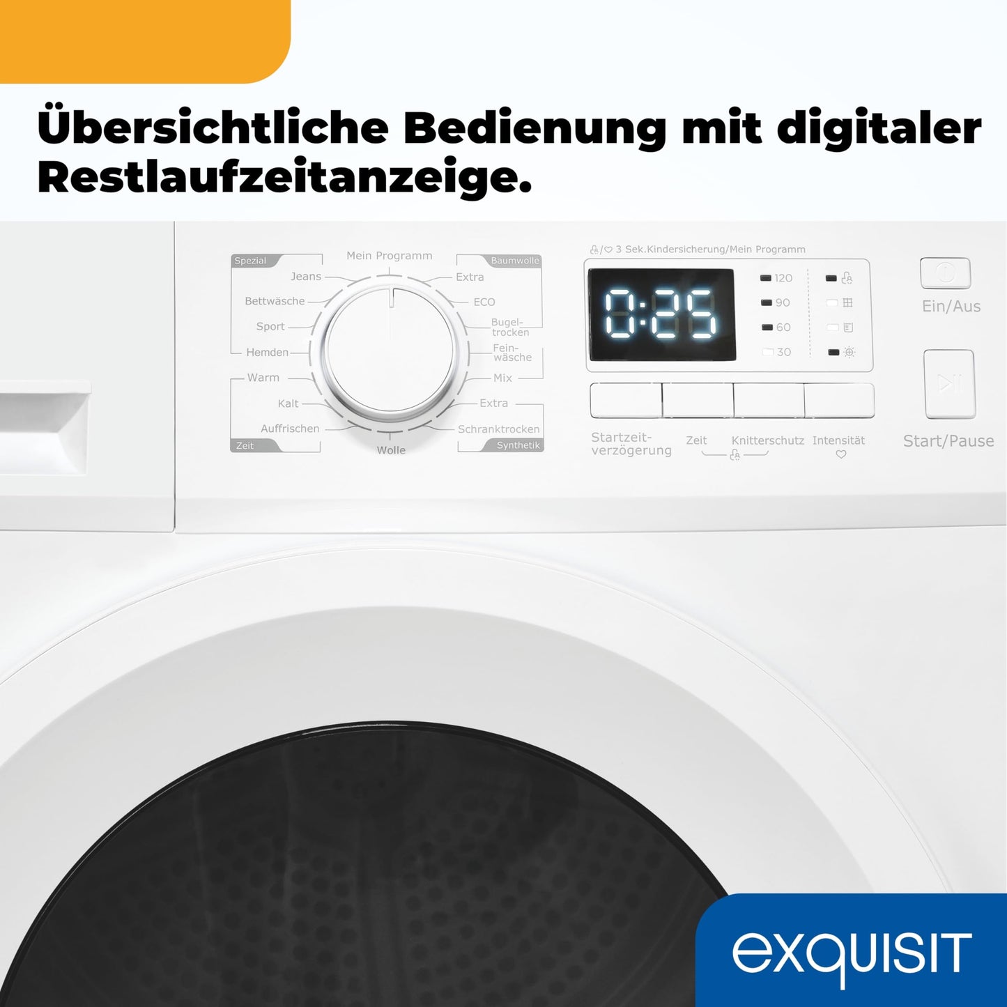 Exquisit Clothes Dryer 7 kg, Dryer, Delay Start, Wrinkle Protection, Exhaust Dryer, 15 Programmes, Child Lock, Energy Class G, TAE70-70 White