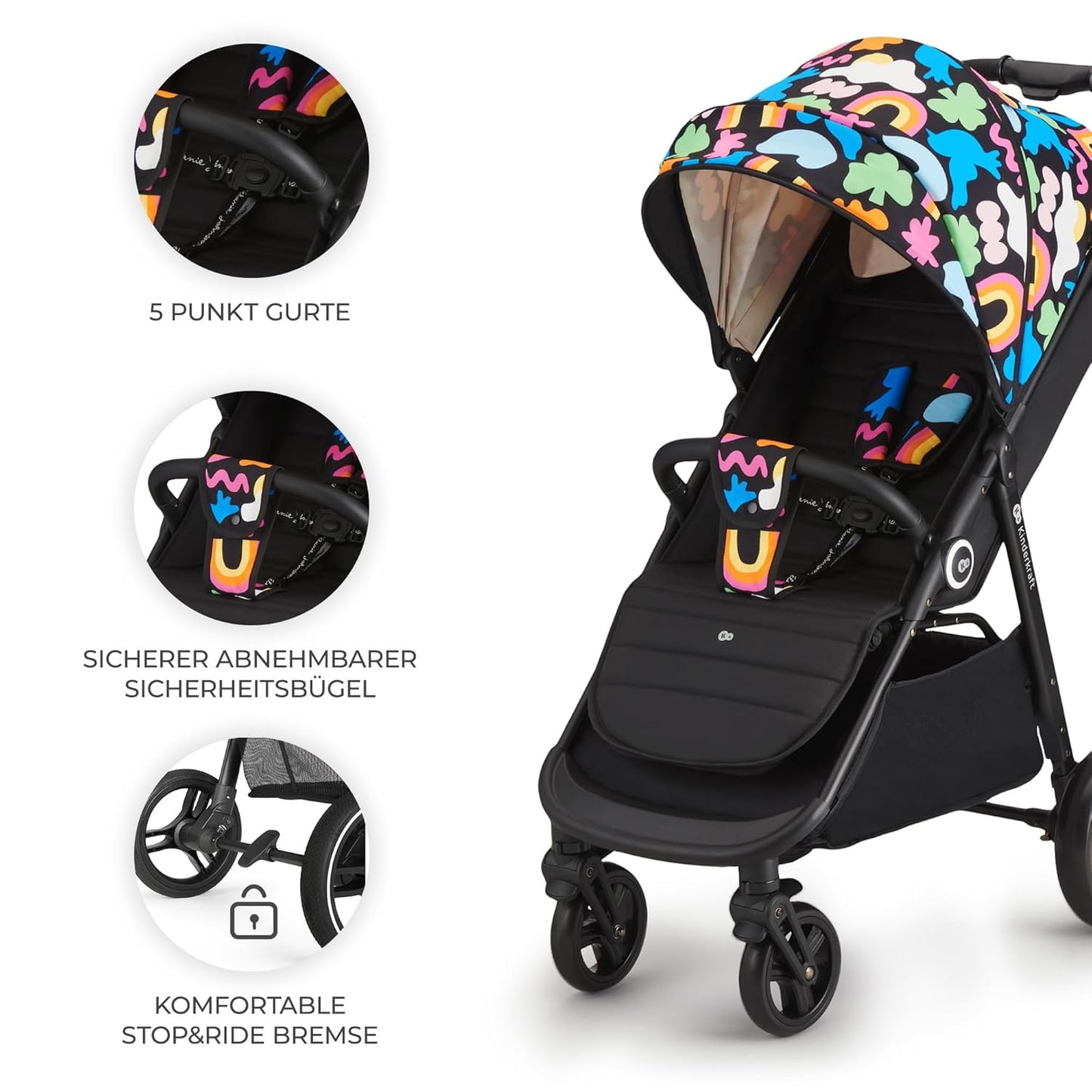 Kinderkraft Grande Plus Kinderkraft Buggy from Birth to 22 kg, Folding with One Hand, Reclining Position, Large Hood with Window, All 4 Wheels Cushioned, Spacious Seat, Happy Shapes