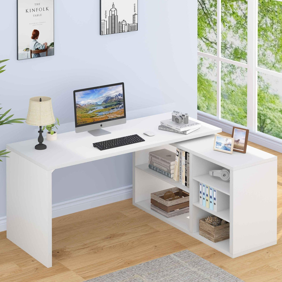 HSH Desk L Shape with Storage Space Corner Desk for Home Office Industrial Computer Desk Office Table Wood Design PC Table for Office Study Vintage Grey 140 cm