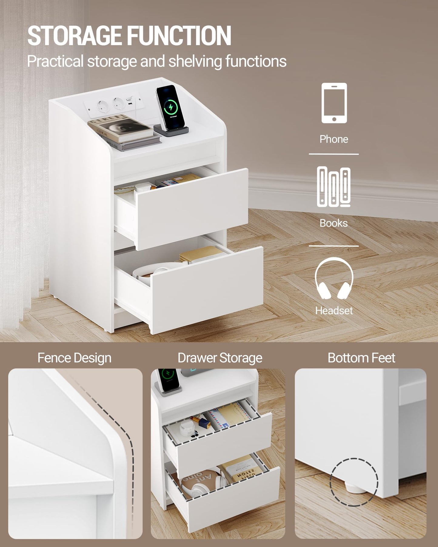 Hzuaneri Bedside Tables Set of 2 LED Lights, Charging Station and 2 Drawers, Side Table with USB Ports & Sockets, Stylish and Versatile, for Living Room and Bedroom, Black NS30104X